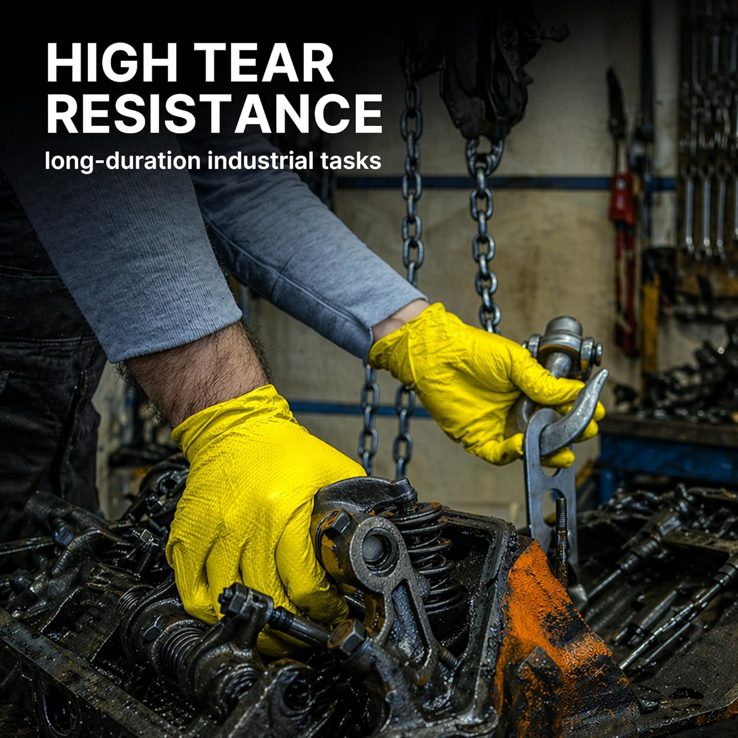 TitanFlex Heavy Duty Industrial Nitrile Gloves with Raised Diamond Texture, 6-mil, Latex Free (Yellow)