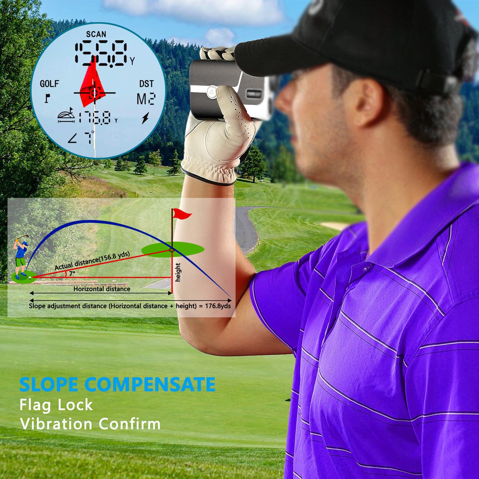 Telémetro de Golf Recargable con inclinación: Aumento de 7X, 3-1200 Yardas, vibración con Bloqueo de Bandera, escaneo de medición para golfistas con Estuche de Transporte.