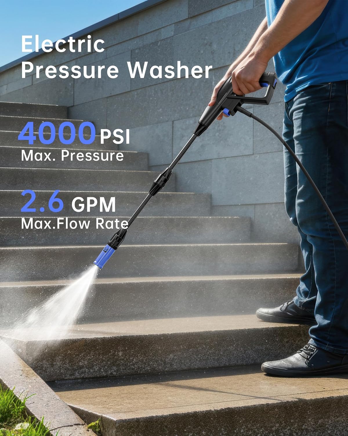 PATOOLIO Electric Pressure Washer in use, showing 4000 PSI Max Pressure and 2.6 GPM Max Flow Rate