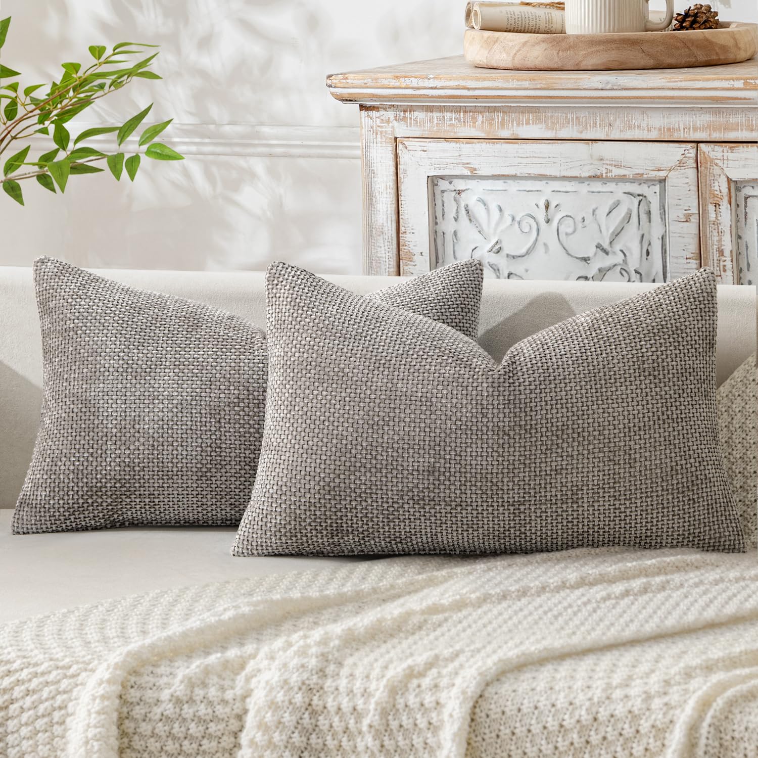 MIULEE Decorative Lumbar Throw Pillow Covers 12x20 Inch Light Gray 2 Pack