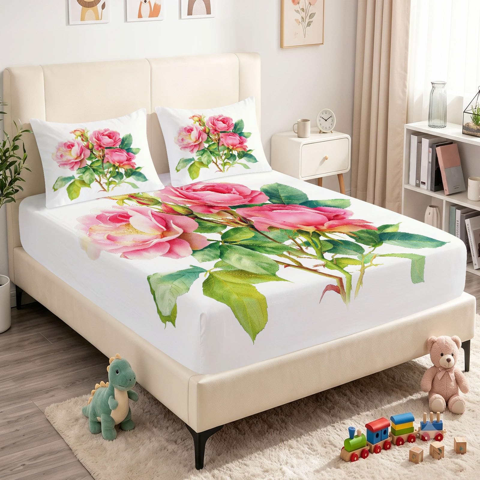 Sábana bajera ajustable para niños y niñas, 90 x 200 cm, color blanco, hojas de rosas y ramas, de acuarela, decorativa, suave y no necesita planchado, transpirable, de microfibra, hipoalergénica, para