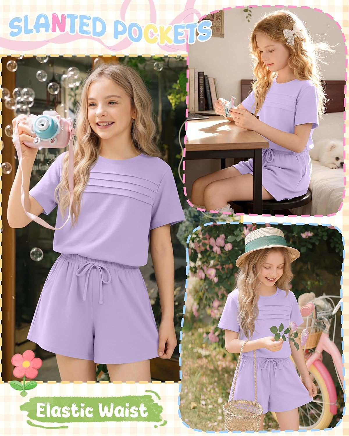 Halfchet Girls' Matching Sets 5-14Y 2 Piece Summer Outfit Kids Short Sleeve Top Tween Shorts with Pockets Casual Cute Clothes