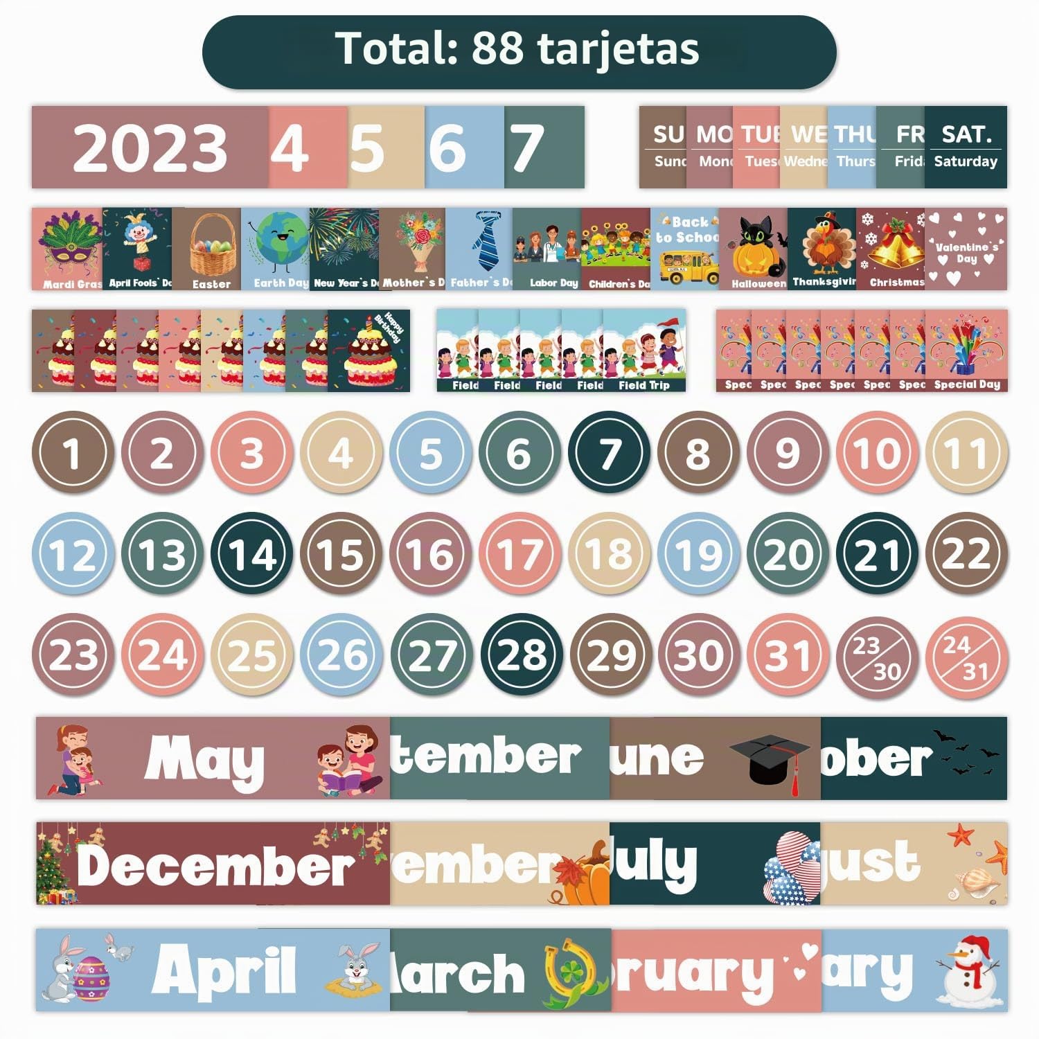 Calendario mensual de bolsillo para aula, con 88 tarjetas impresas de días de la semana, aprendizaje escolar, material esencial para profesores que se adapta a cualquier institución escolar (blanco)
