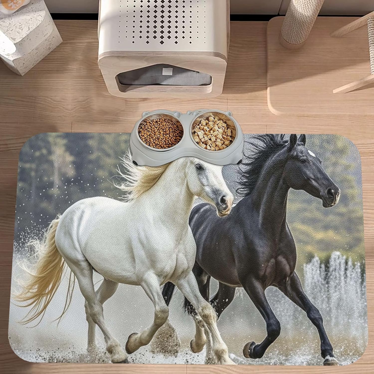 Pet Feeding Mat Leather Dog Food Mat Waterproof Pet Tablecloth Black and White Horses Running Pet Placemat for Dogs Absorbent Dog Bowl Mat Anti-Slip Dogs Mats for Food and Water
