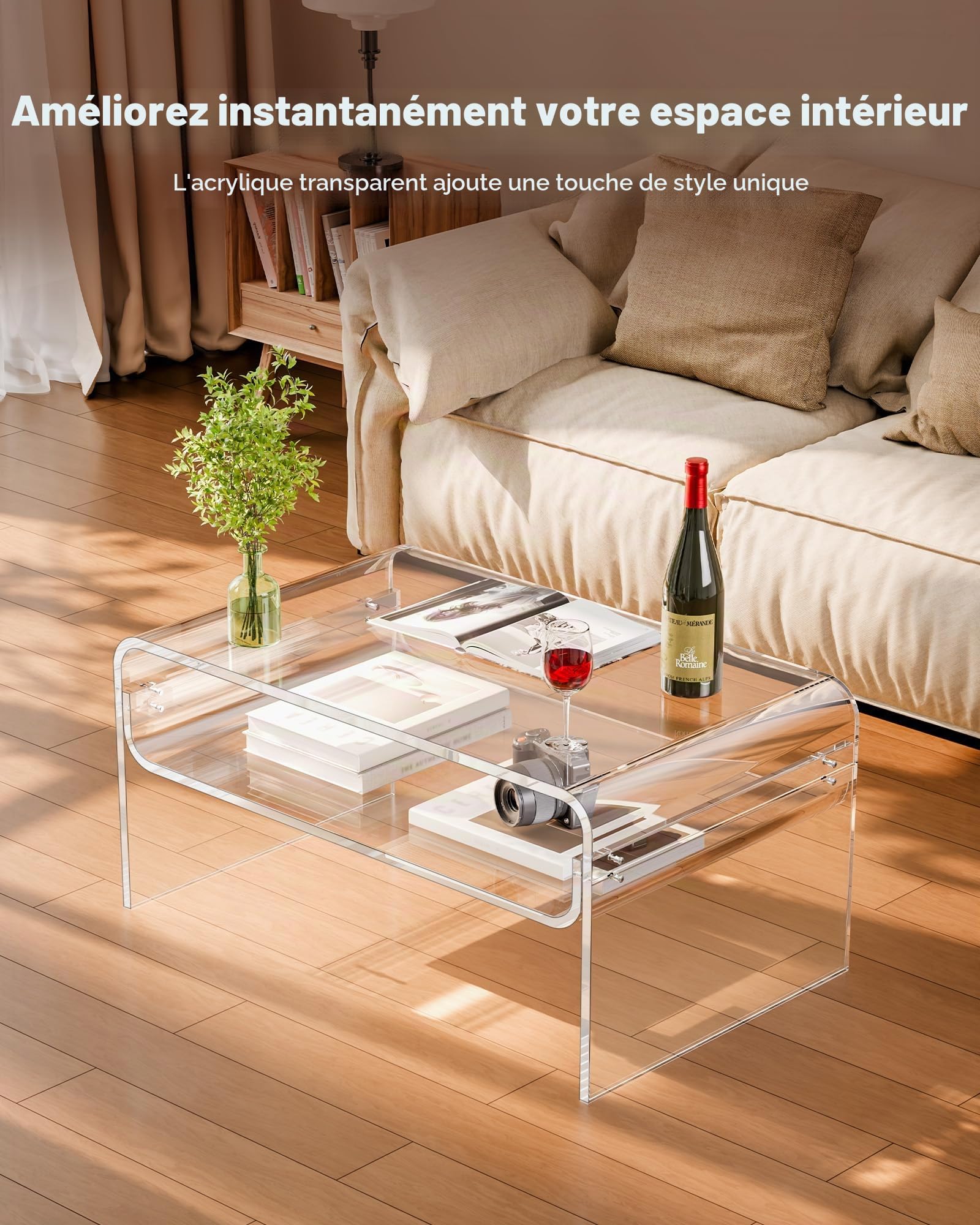 VEVOR Table basse en acrylique, 50 x 80 x 38 cm, table d'appoint de salon à 2 niveaux avec étagère de rangement, bout de canapé rectangulaire moderne, pour salle à manger, cuisine, bureau, transparent