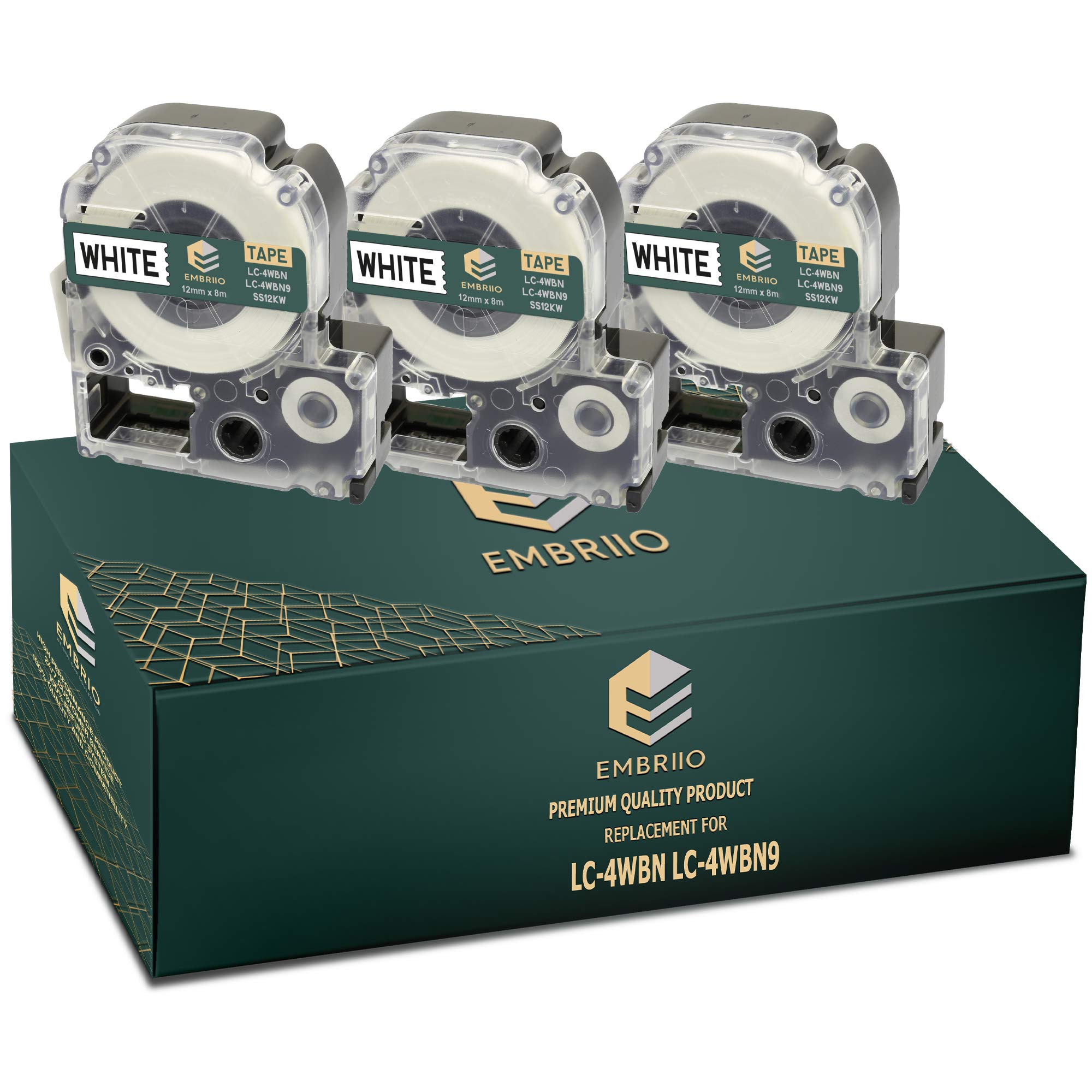 EMBRIIO LC-4WBN LC-4WBN9 LK-4WBN Set of 3 Label Tapes Replacement for Epson LabelWorks LW-600P LW-300 LW-400 LW-700 LW-900P LW-1000P LW-300L KingJim TepraPro SR530 SR55 | Black on White | 12 mm x 8 m