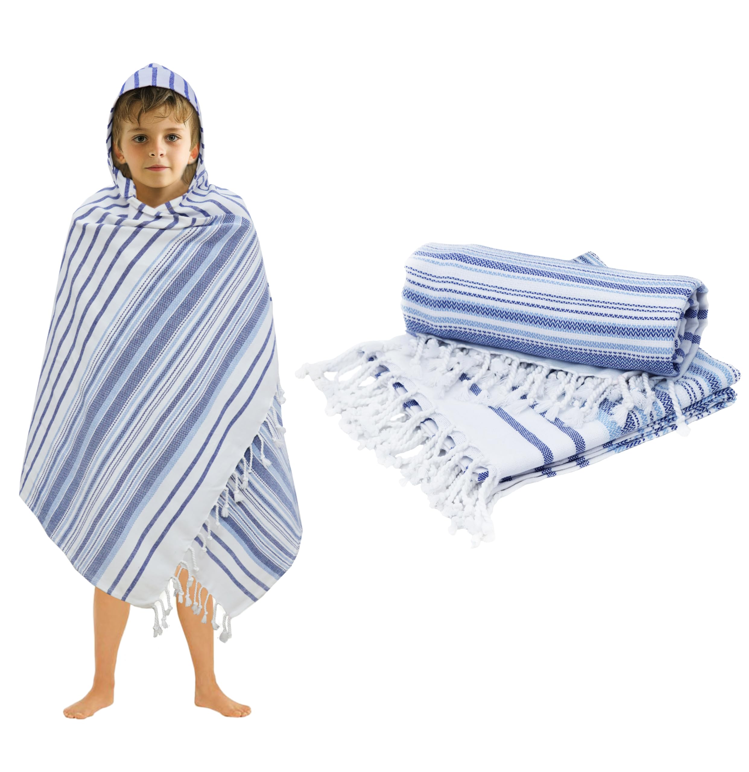 ORIGINAL KIDS Fouta Hooded Bath Towel Wrap with Fringes - 2 Pack 100% Cotton - Sand Free - Lightweight - Quick Dry - Super Absorbent Bath Beach Hammam
