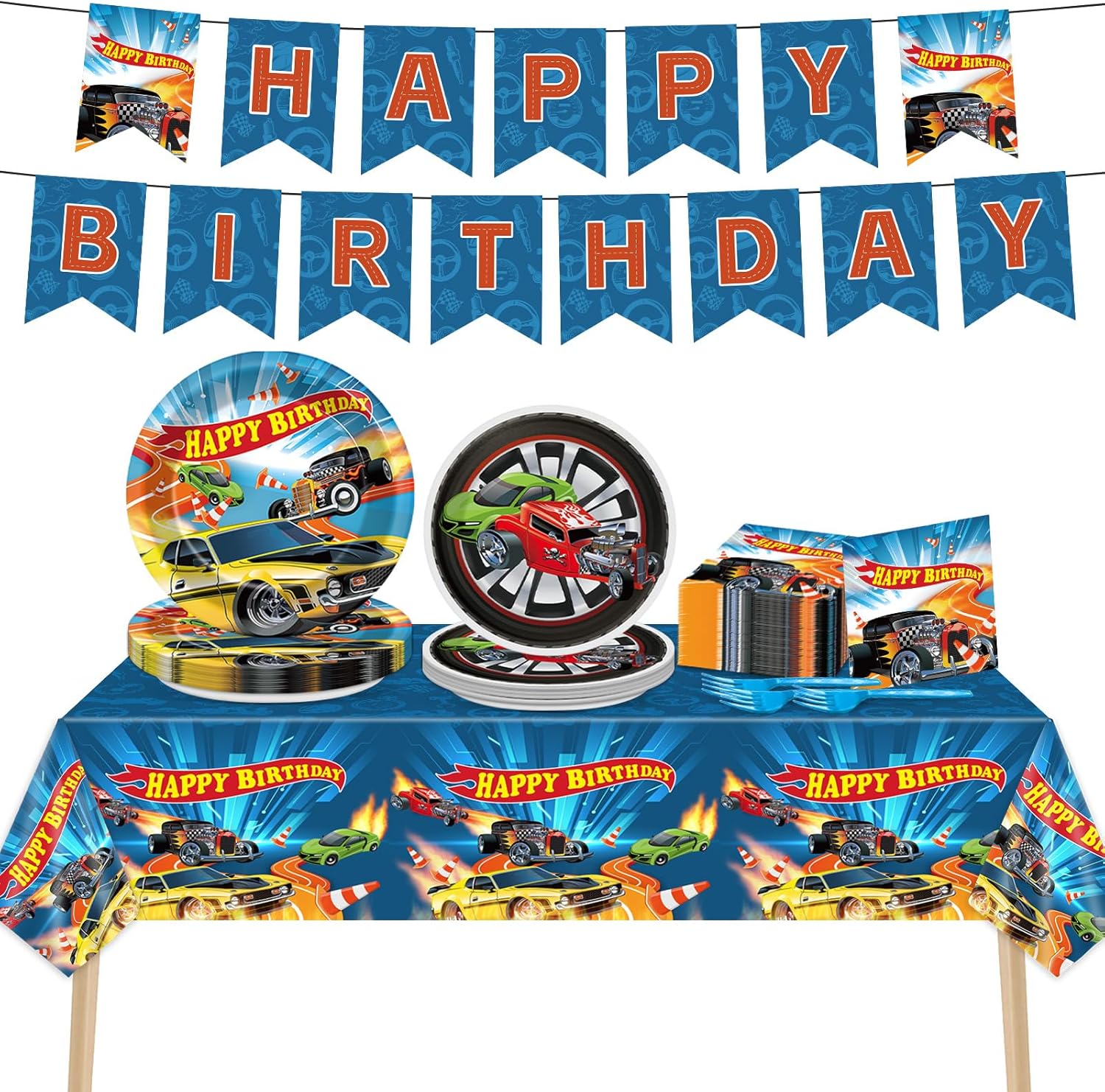 98Pcs Race Car Birthday Party Supplies Hot Car Paper Plates and Napkins Rectangle Plastic Tablecloth Banner Racing Cars Disposable Tableware Set for Boys Kids Birthday Party Decorations Serves 24