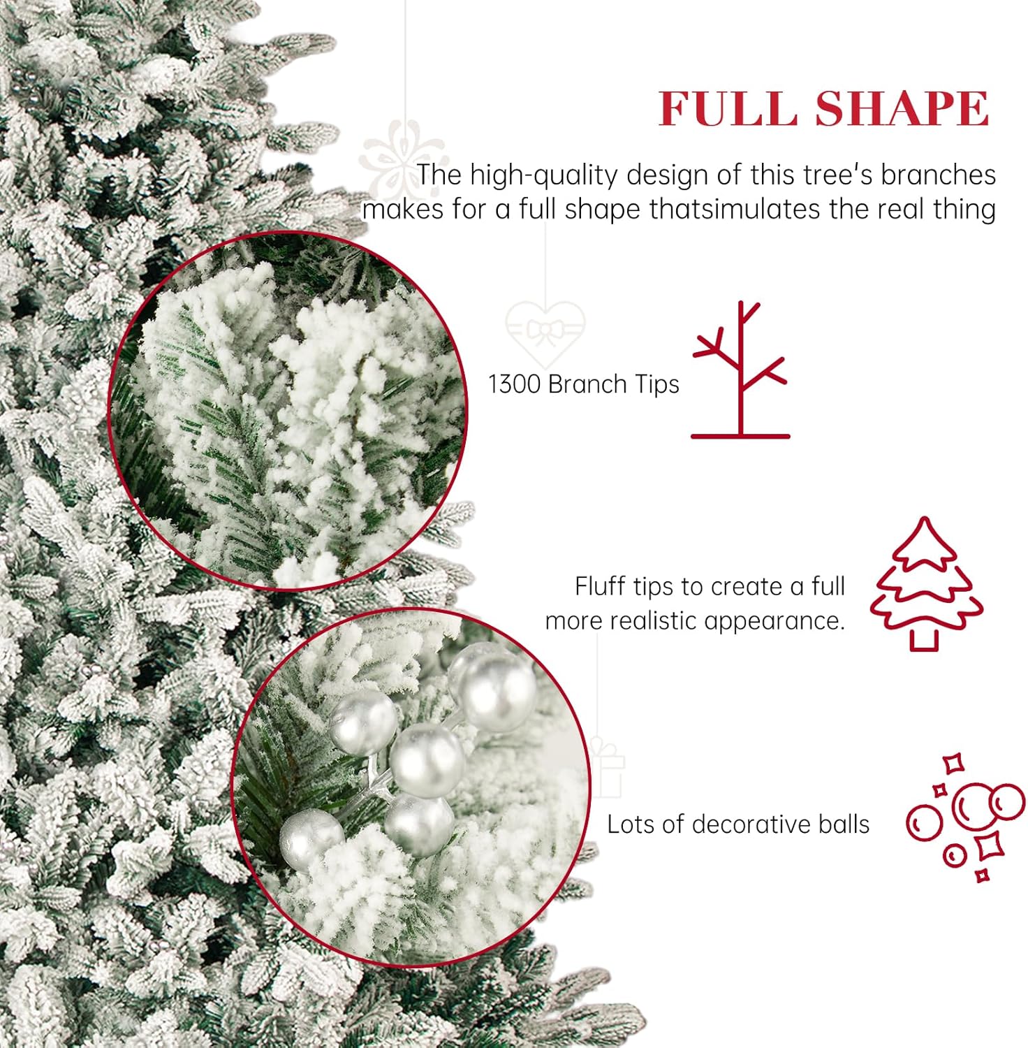 SUNCROWN 7ft Artificial Flocked Christmas Tree, Premium Frosted Snow Christmas Tree, Hinged Xmas Tree Holiday Decor with Foldable Metal Stand for Indoor Outdoor, 1300 Branch Tips, White