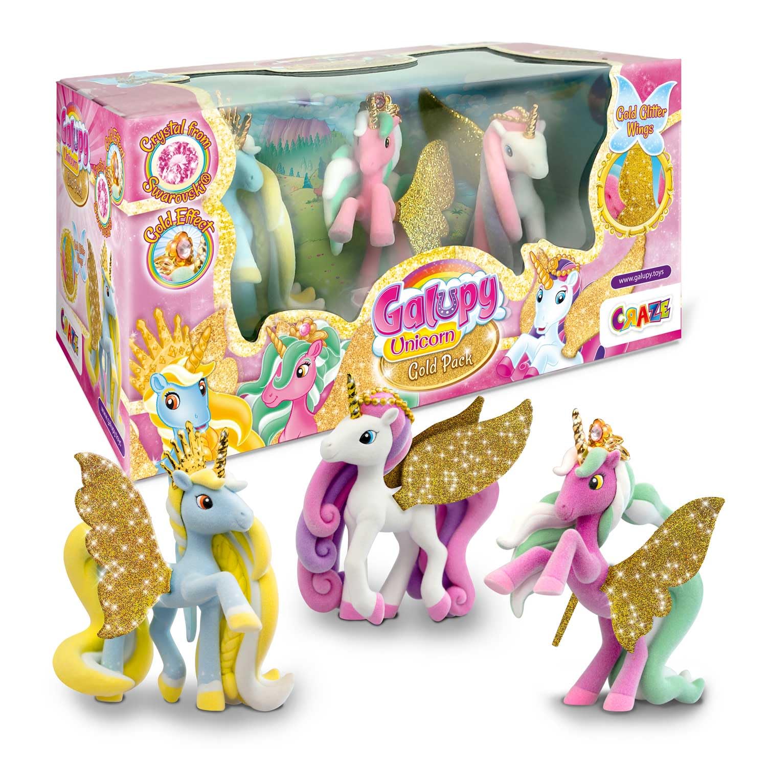 Galupy Unicorn Gold Edition - 3X Einhorn Figuren mit goldenen Flügeln & Kristall von Swarovski - Einhorn Spielzeug