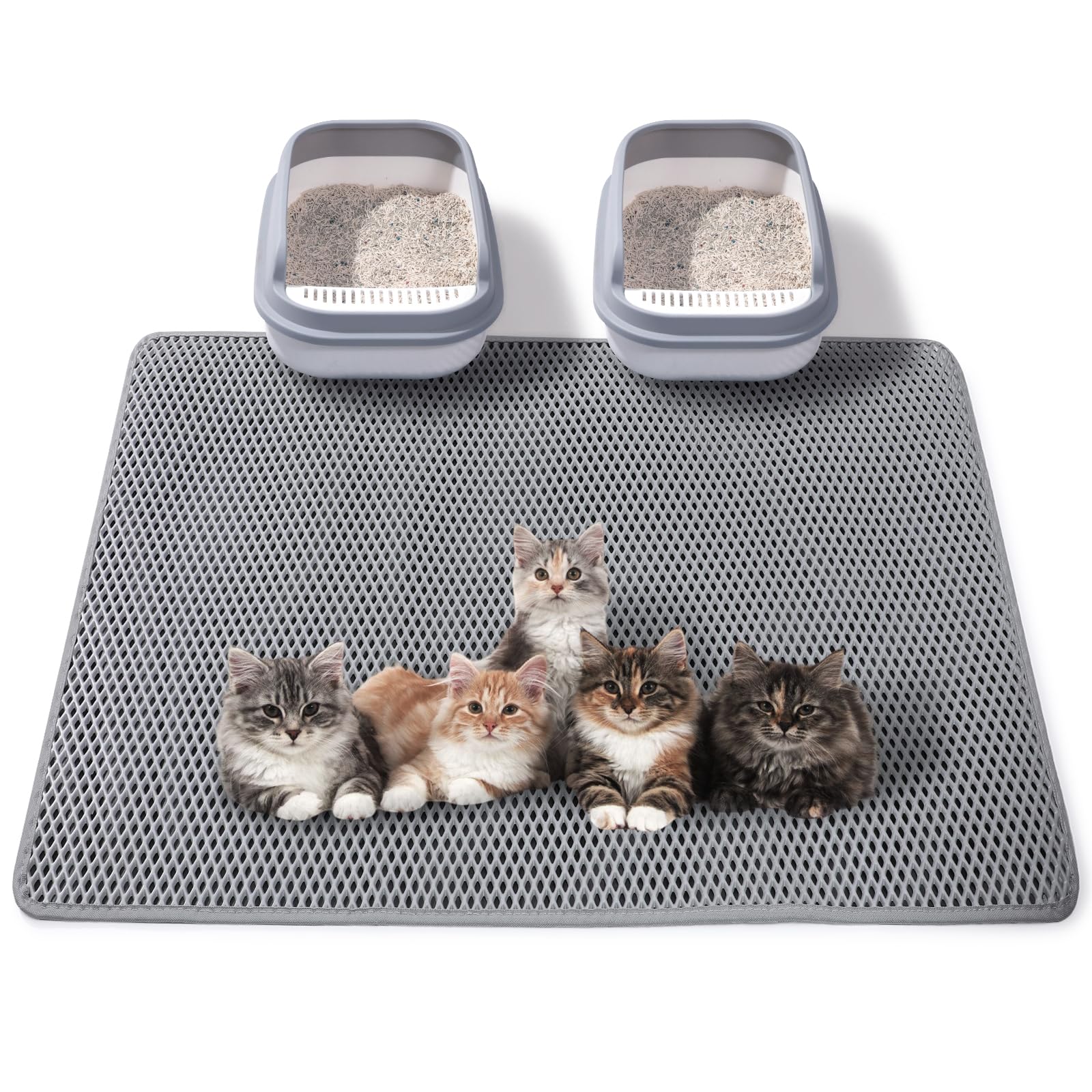 Tapis de litière pour chat double couche fini les grains sur le sol gris