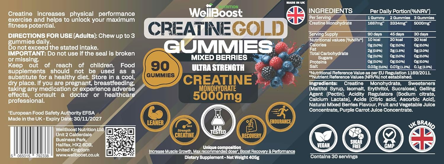 WellBoost Creatine Gold – 5000mg Creatine Monohydrate, Vegan, Sugar-Free Gummies for Lean Muscle Growth, Endurance, Recovery & Energy (1 Month Supply) with Mixed Berry Flavour.