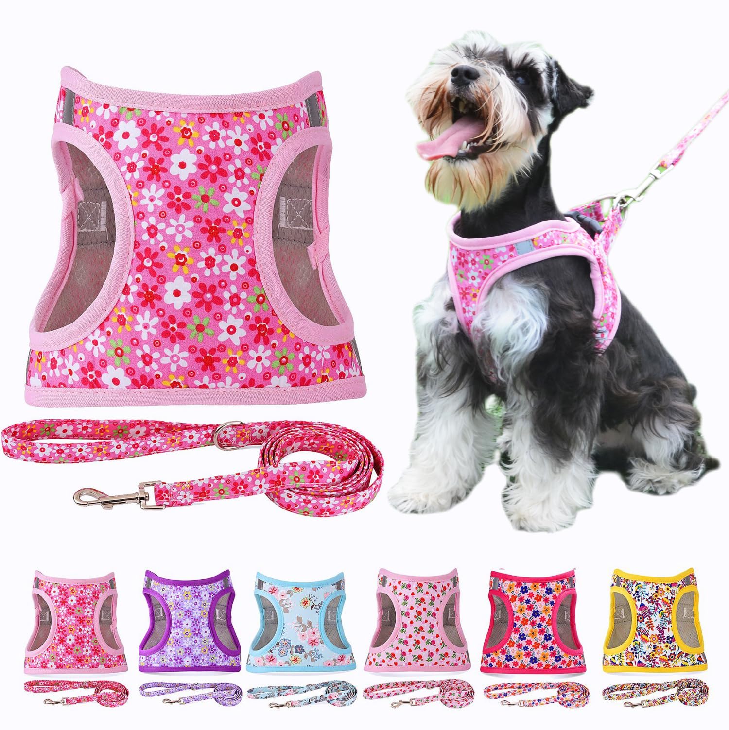 Moonpet Step in Air - Juego de Correa de arnés para Perro, para Todo Tipo de Clima, Reflectante, sin tirones, con patrón Floral, Acolchado, Chaleco de Malla para Gatos, Cachorros, Extra pequeños,