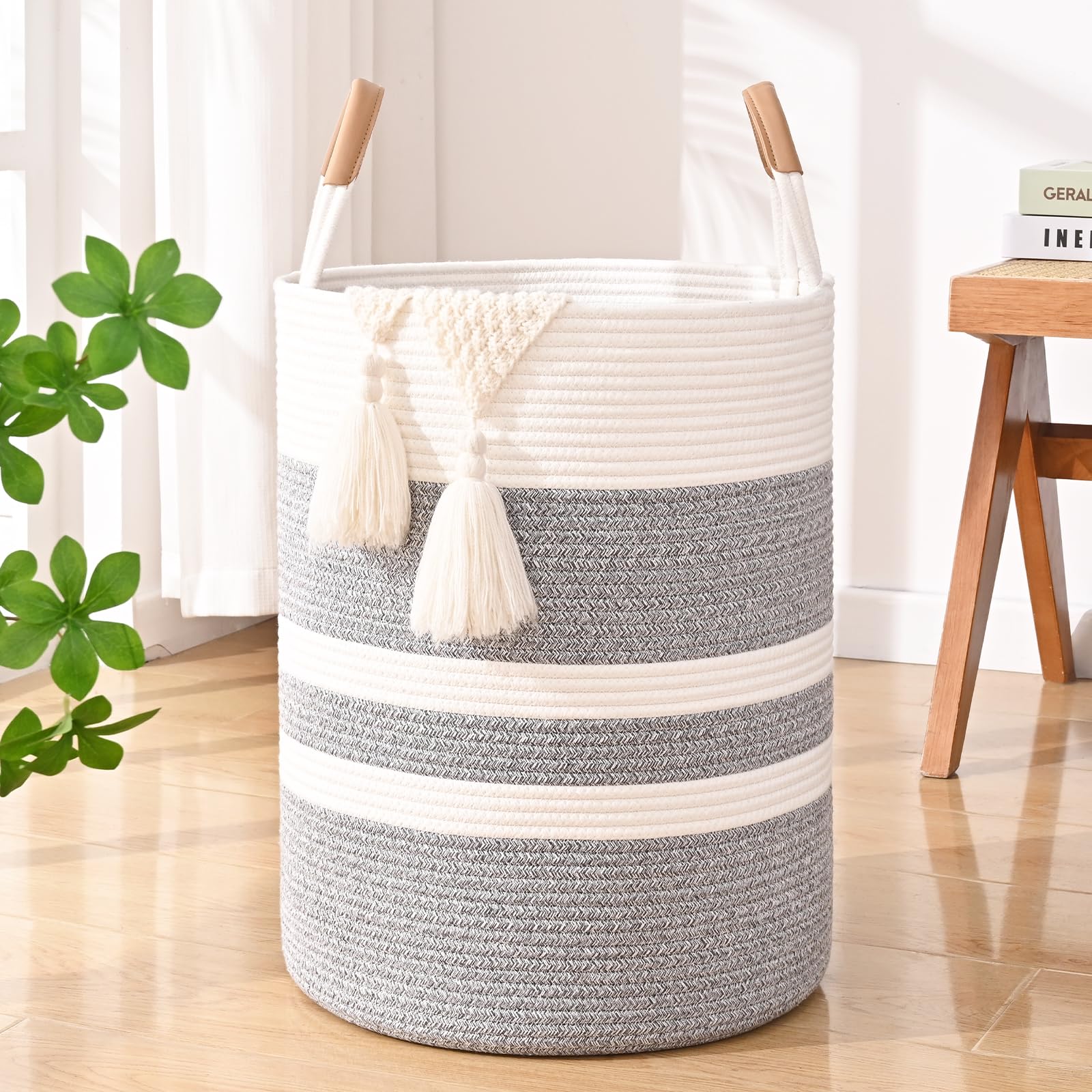 Large Laundry Basket, Laundry Hamper with Leather Handles, 60L Woven Dirty Clothes Hamper, Rope Hampers for Bedroom, Barthroom, Grey