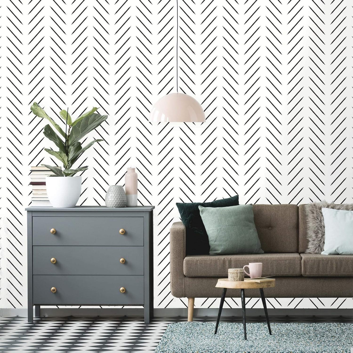 Modern Herringbone Peel and Stick Wallpaper | Removable Scandinavian Design Wallpaper | Self Adhesive Minimalist Mural | Chevron Boho Lines (1 roll 24" W x 96" H)