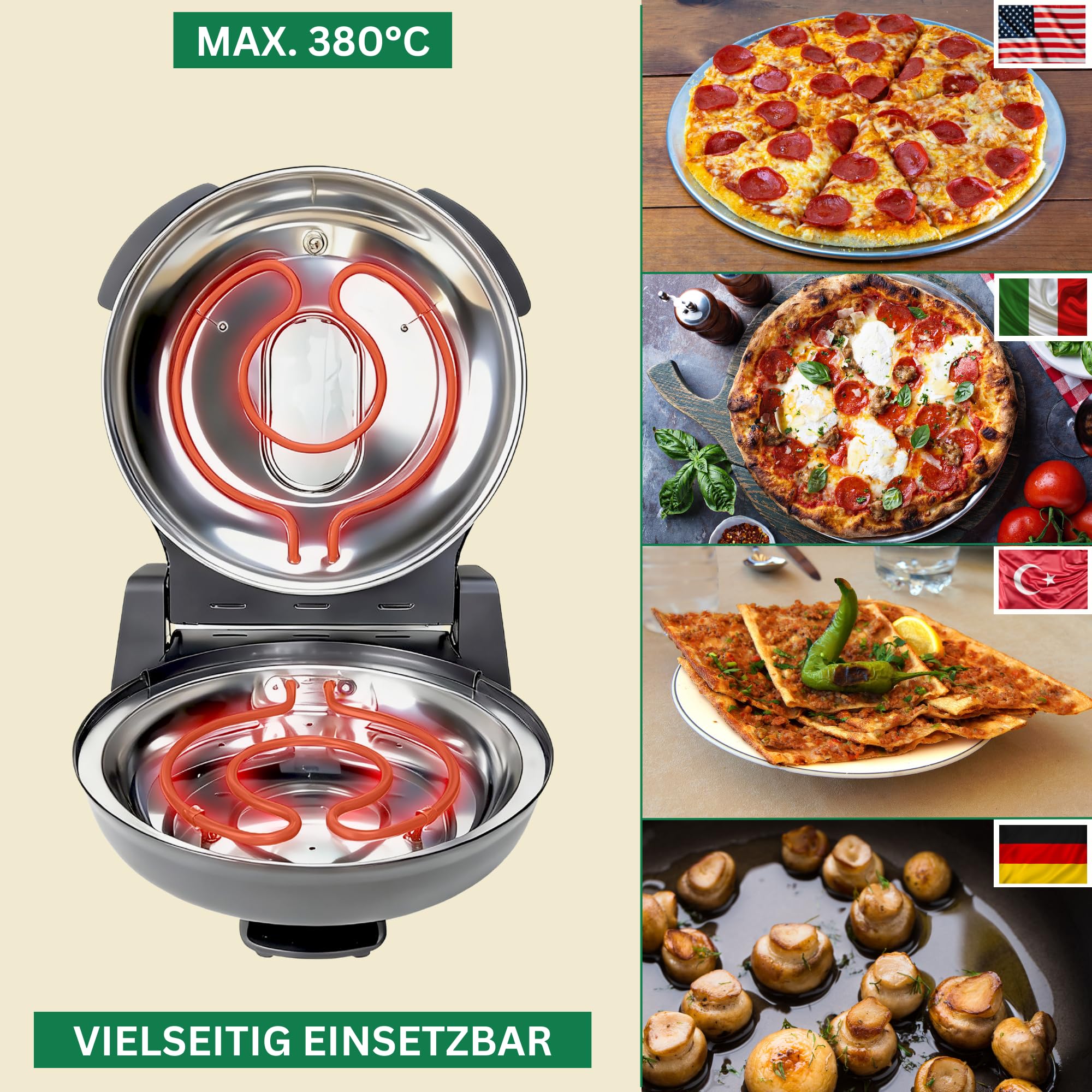 Sommertal PizzaProfi 400°C Elektrischer Pizzaofen mit Pizzastein – Ober-/Unterhitze, 5 Temperaturstufen, Temperaturanzeige