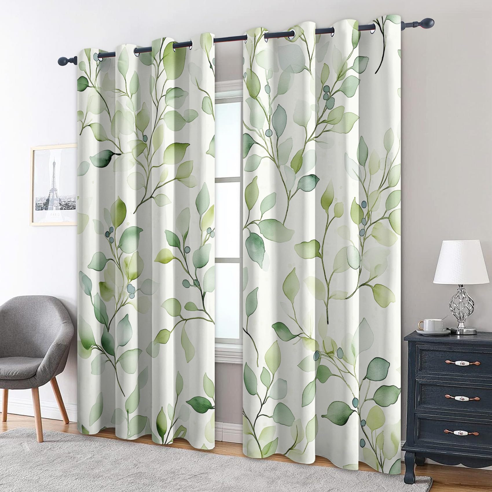 Leaf Curtains Bedroom, 90 x 108 - Plant Green Blackout Curtains & Decor, Living Room, Eyelet Patterned Window Drapes, 108 Inch Drop 2 Panels （PUI26）