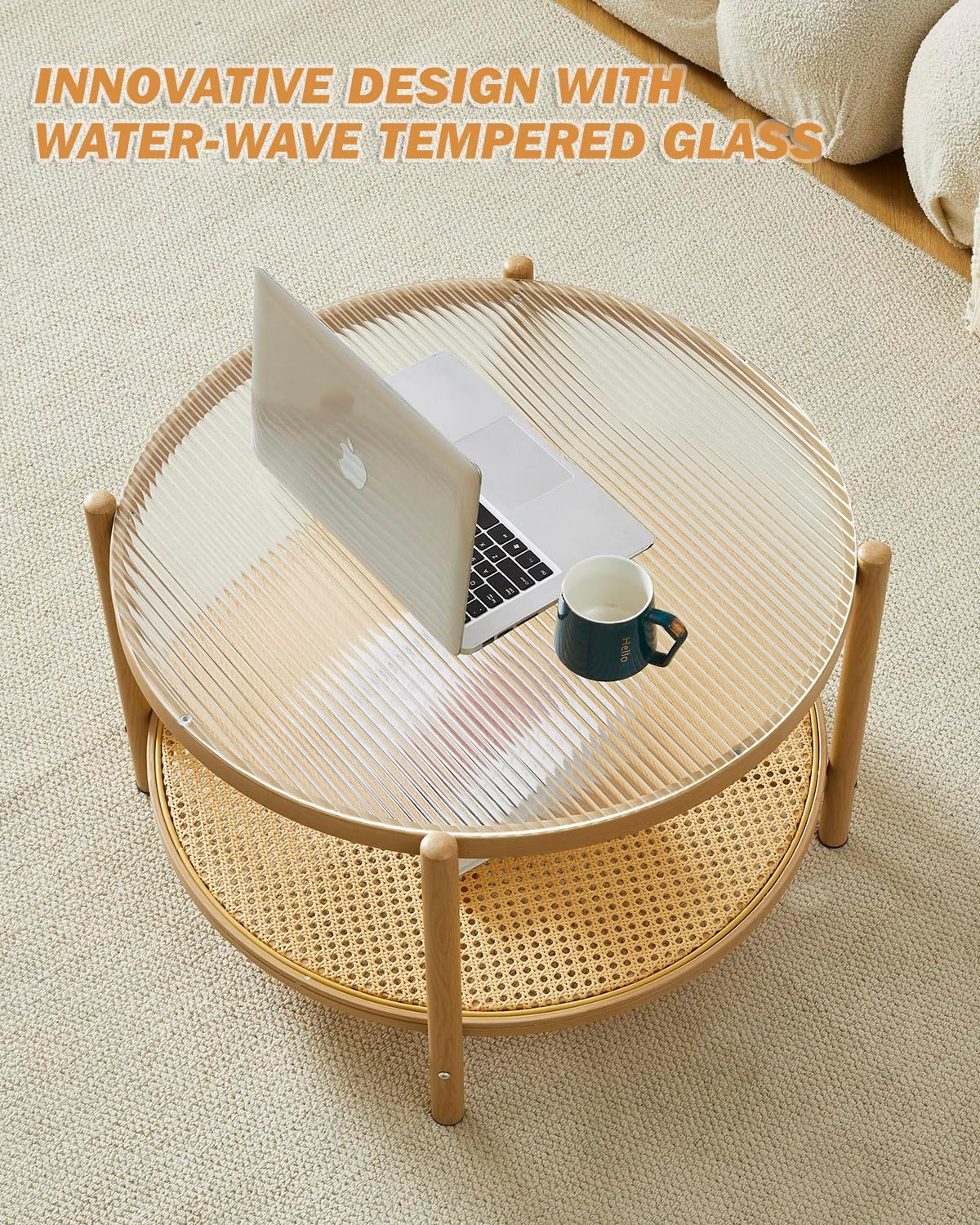COSVALVE 27.5" Boho Rattan Coffee Table, Round Glass Metal Center Table, Modern Simple 2 Tier Middle Table for Small Space Living Room Bedroom Office Meeting Room