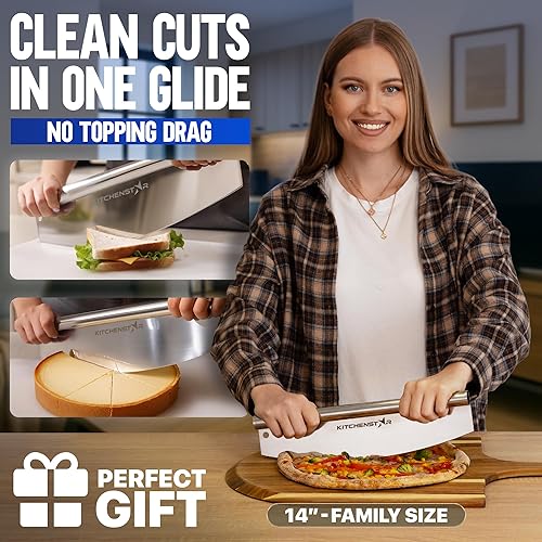 Miniatura 2 de Kitchenstar Cortador de pizza de 14" Cuchillo de acero inoxidable afilado para rebanar - Estilo balancín con cubierta de hoja Picar y rebanar a)