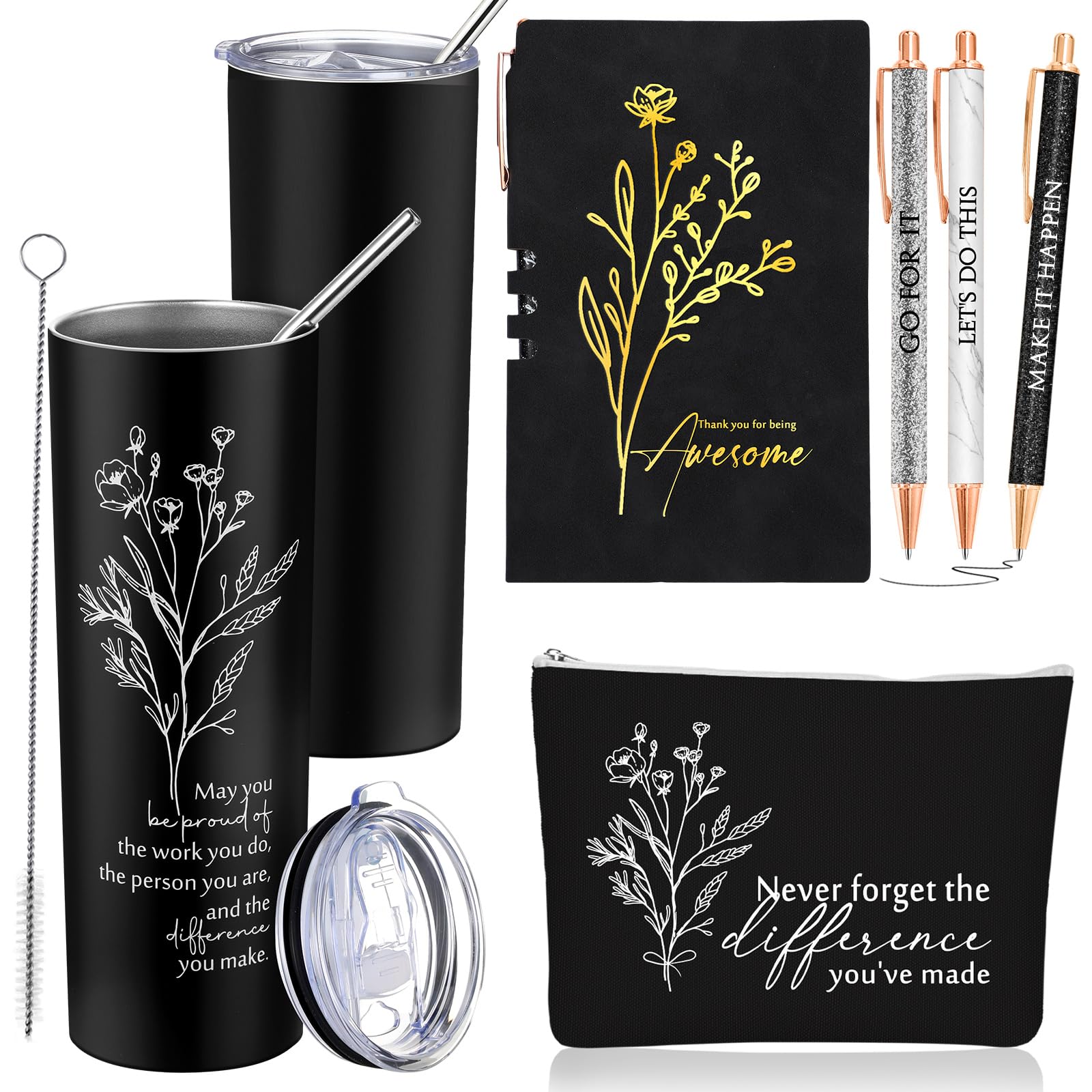 Funnymoom 6 Pcs Employee Appreciation Gift Thank You May You Be Proud 20 oz Boho Flower Tumbler Makeup Bag A6 Leather Journal Ballpoint Pens for