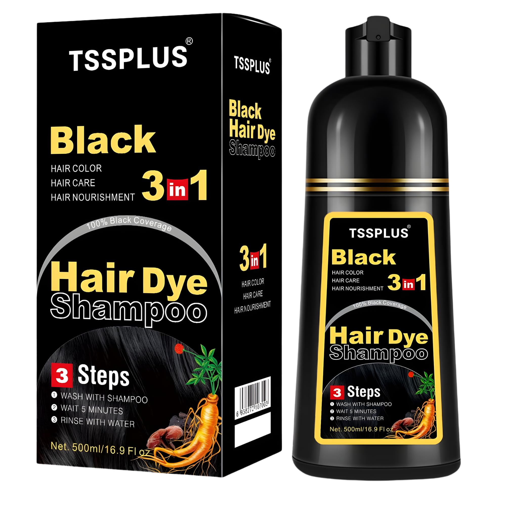 TSSPLUS Black Hair Dye Shampoo, 500ml - Organic Natural Hair Color Dye Shampoo for Women & Men, Instant Gray White Hair Cover, Plant Essence, Semi-Permanent