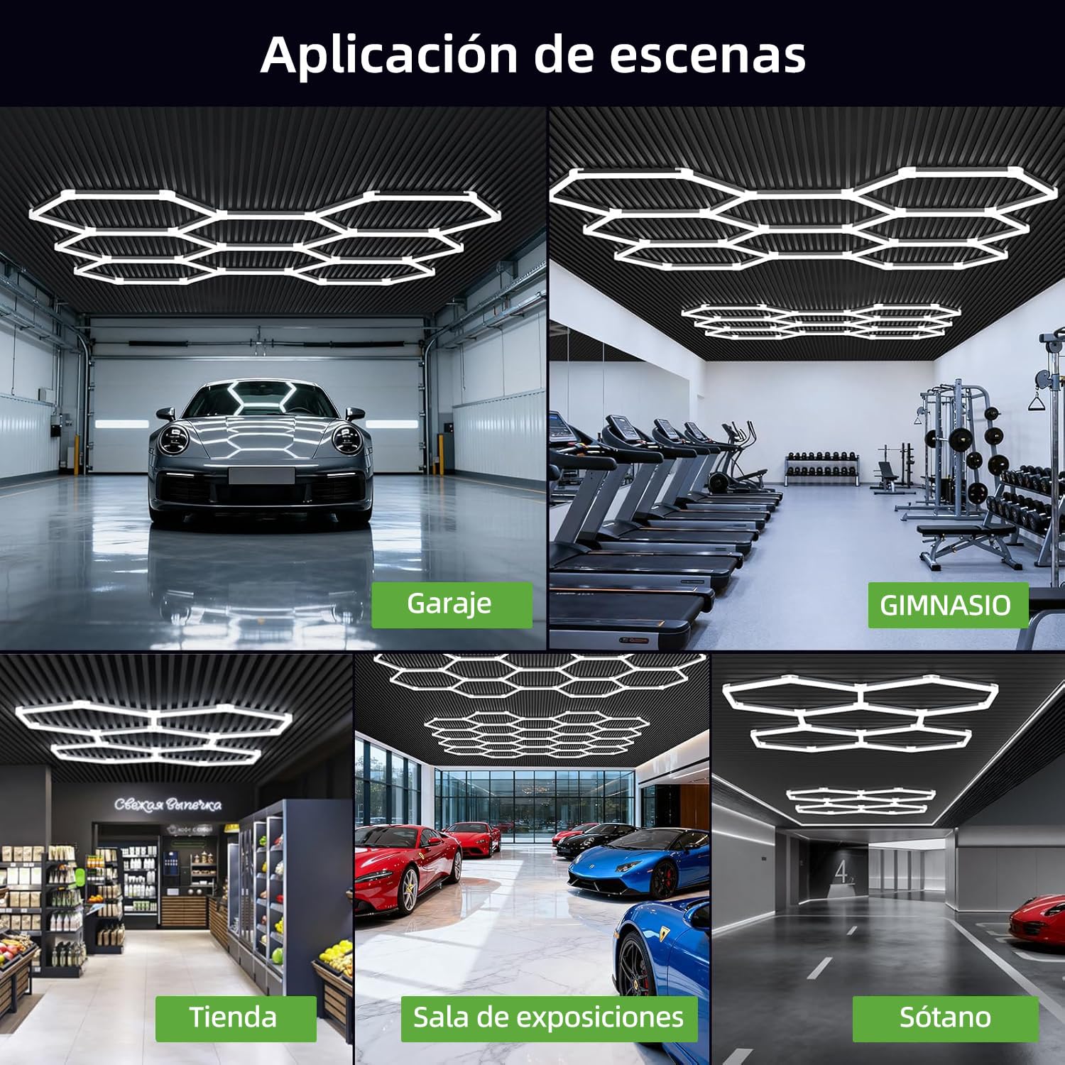hexágonos lampara led,luz nido de abeja led para techo,Luces de garaje hexagonales,De 1 a 8 orificios son opcionales, adecuados para garajes, iluminación de lavado de autos y centros comerciales