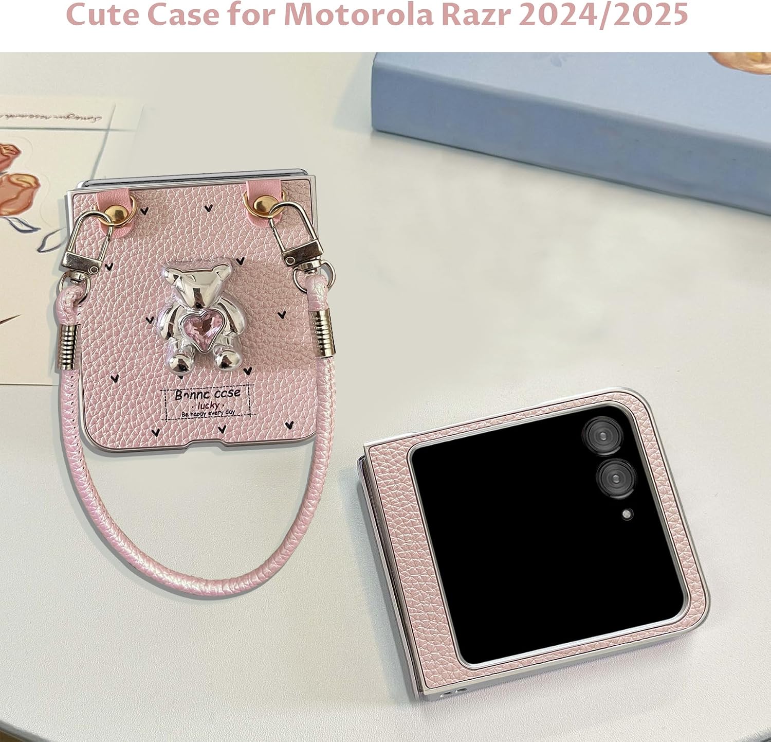 Cute Bling Pink Case for Women Girls with Strap, Anti-Scratches Shockproof Faux Leather Case for Motorola Razr 2024/2025