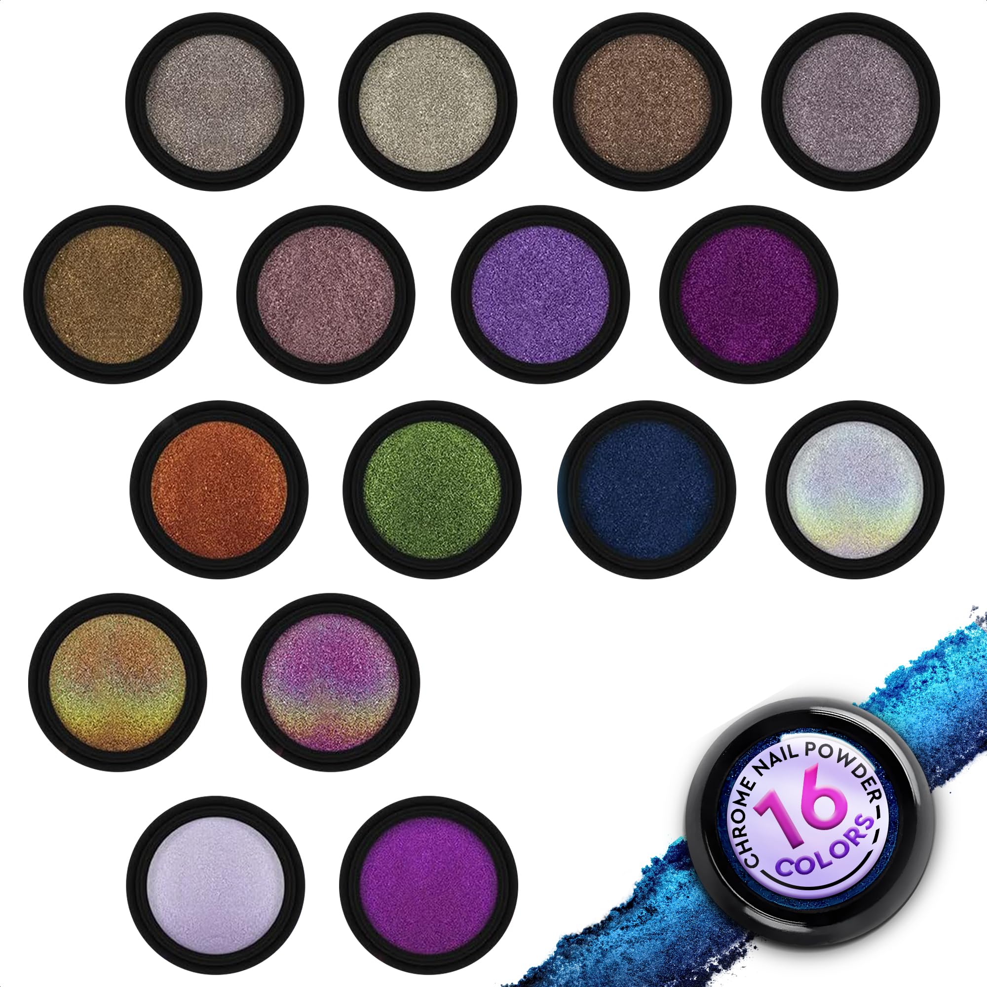 16 Colors Chrome Nail Powder Set, Mirror, Holographic & Chameleon