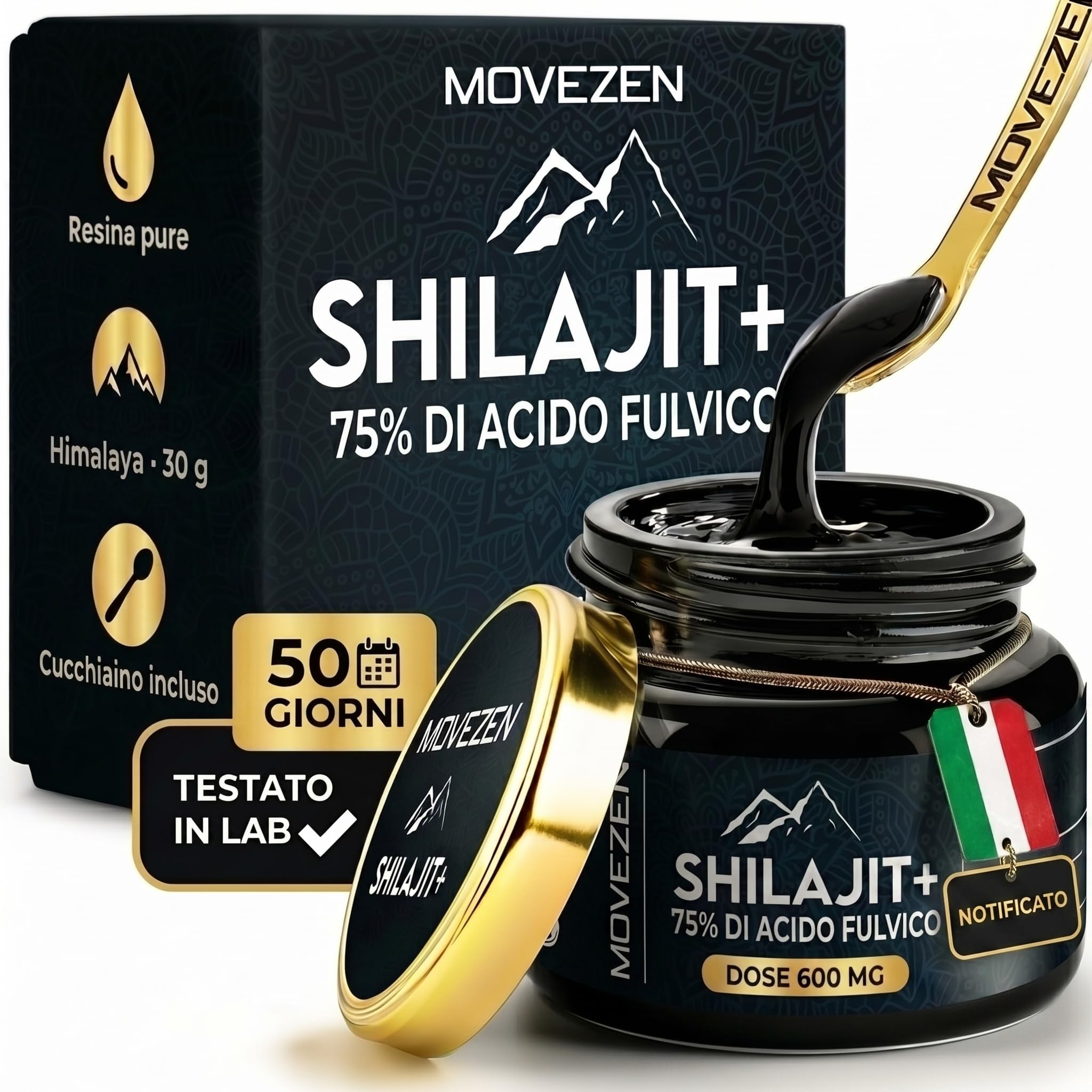 Shilajit Puro Movezen 30 g, Resina Pura di Shilajit +, >75% Acido Fulvico Testato Eurofins, Origine Himalaya Fino a 5000 M, Ricco di Minerali, Senza Additivi, Qualità, 50 Giorni, Cucchiaino Incluso
