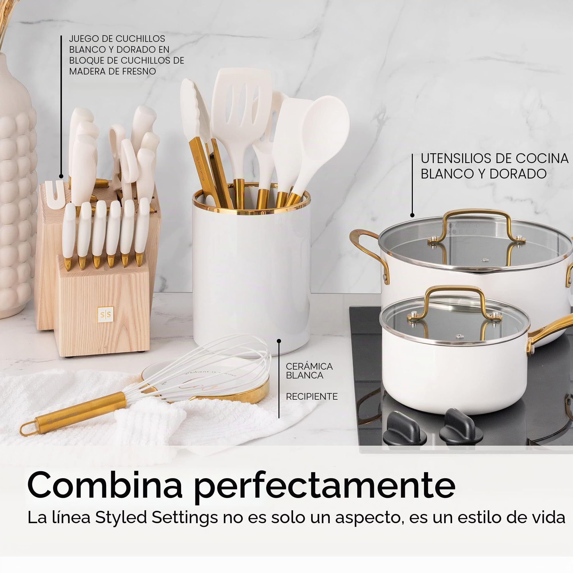 Styled Settings White and Gold - Juego de utensilios de cocina de silicona de 6 piezas con espátula, batidor, pinzas, cuchara y volteador, antiadherentes, sin BPA, accesorios de cocina dorados