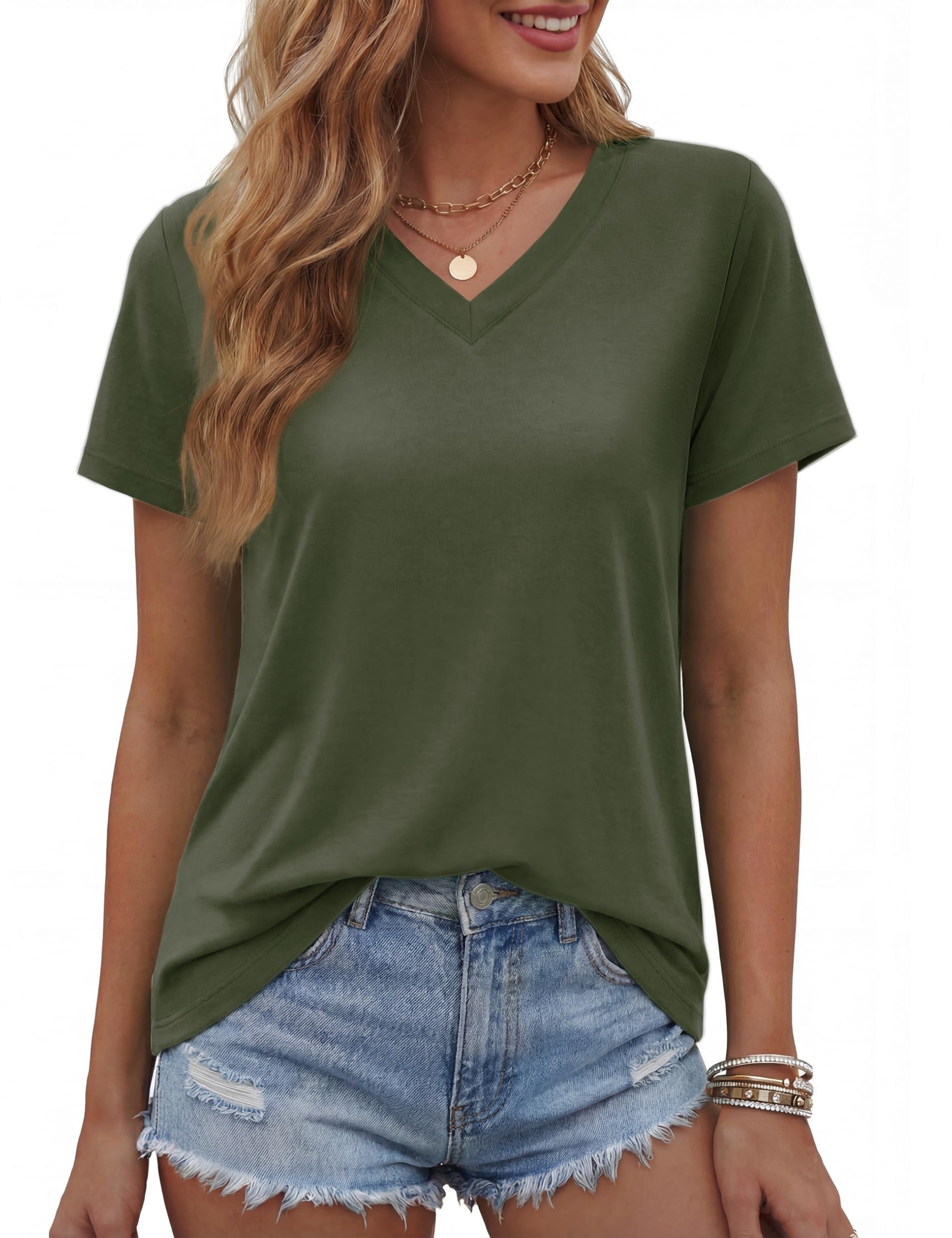 TACVASEN Damen Tshirt Kurzarm V-Ausschnitt Shirt Baumwolle Top Lässig Sommer Basic Oberteile