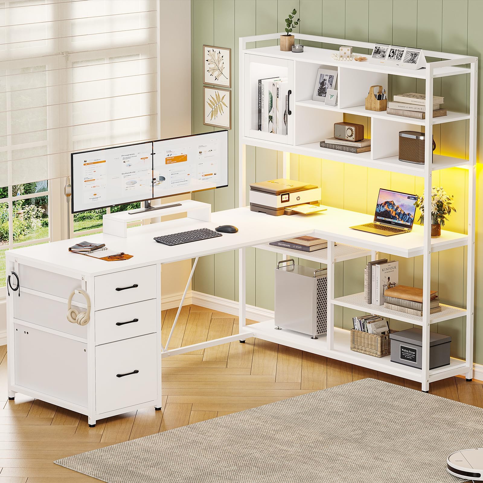 L Shaped Computer Desk, 58'' Office Desk with 3 Drawers and Bookshelf, L Shaped Corner Desk with Storage Shelves and LED Light for Home Office, Gaming Desk, L Desk, White