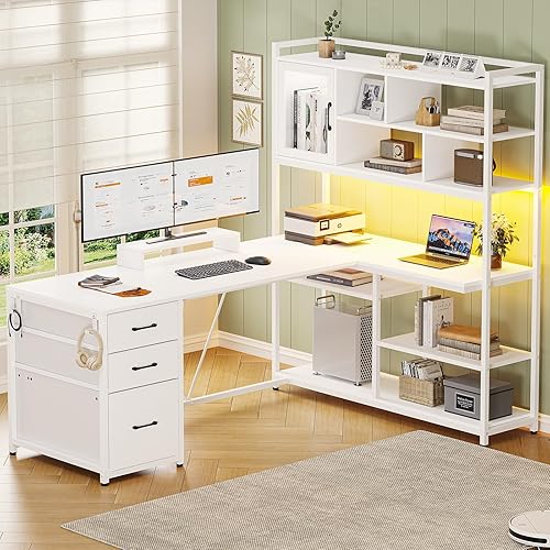 SEDETA L Shaped Computer Desk, 58'' Office Desk with 3 Drawers and Bookshelf, L Shaped Corner Desk with Storage Shelves and LED Light for Home Office, Gaming Desk, L Desk, White - White