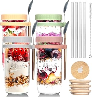 ANOTION Overnight Oats Containers with Lids and Spoons - 4 Pack Mason Ja...