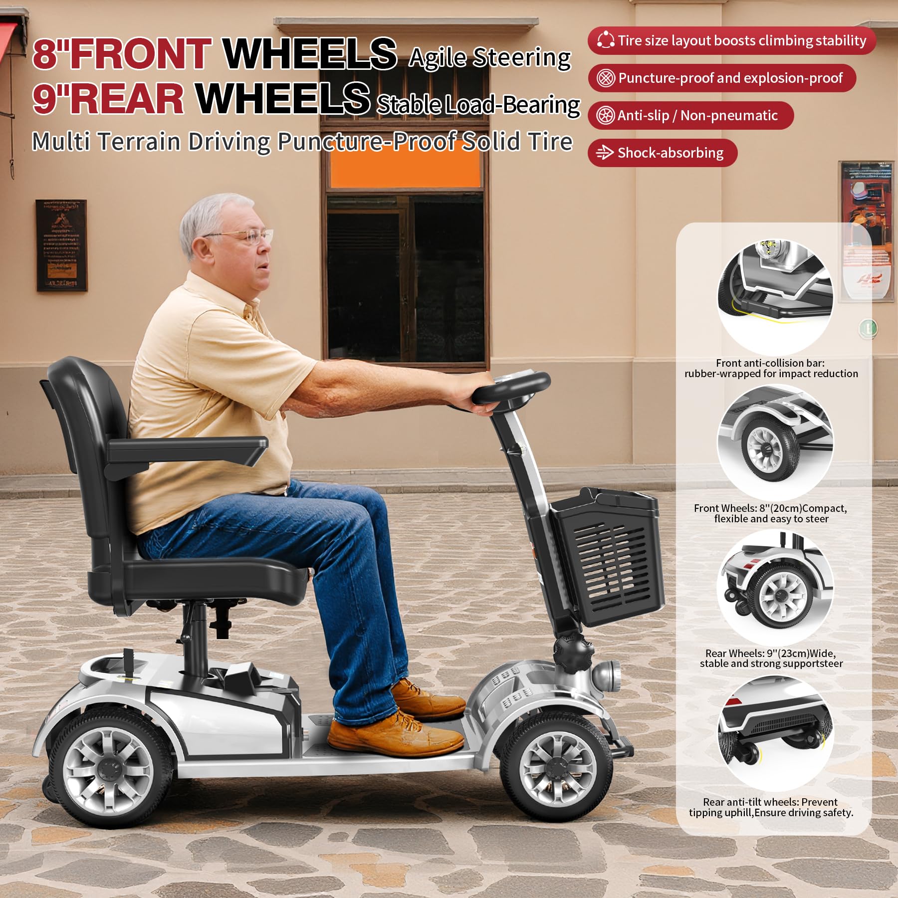 Scooter de movilidad plegable, silla de ruedas eléctrica plegable de 4 ruedas para adultos y personas mayores, con batería de largo alcance, cesta y luz para coche