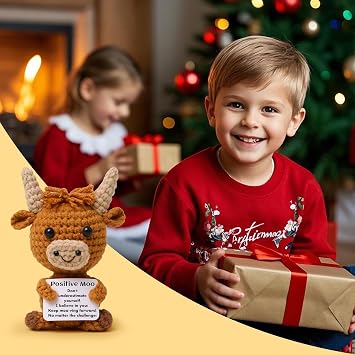 OkiyiD Handmade Highland Cow Plush, Crochet Emotional Support Toy | Scottish Highlander Cow Gift for Women, with Positivity Card, Hand Knitted Soft Doll for Birthday, Christmas, Friends