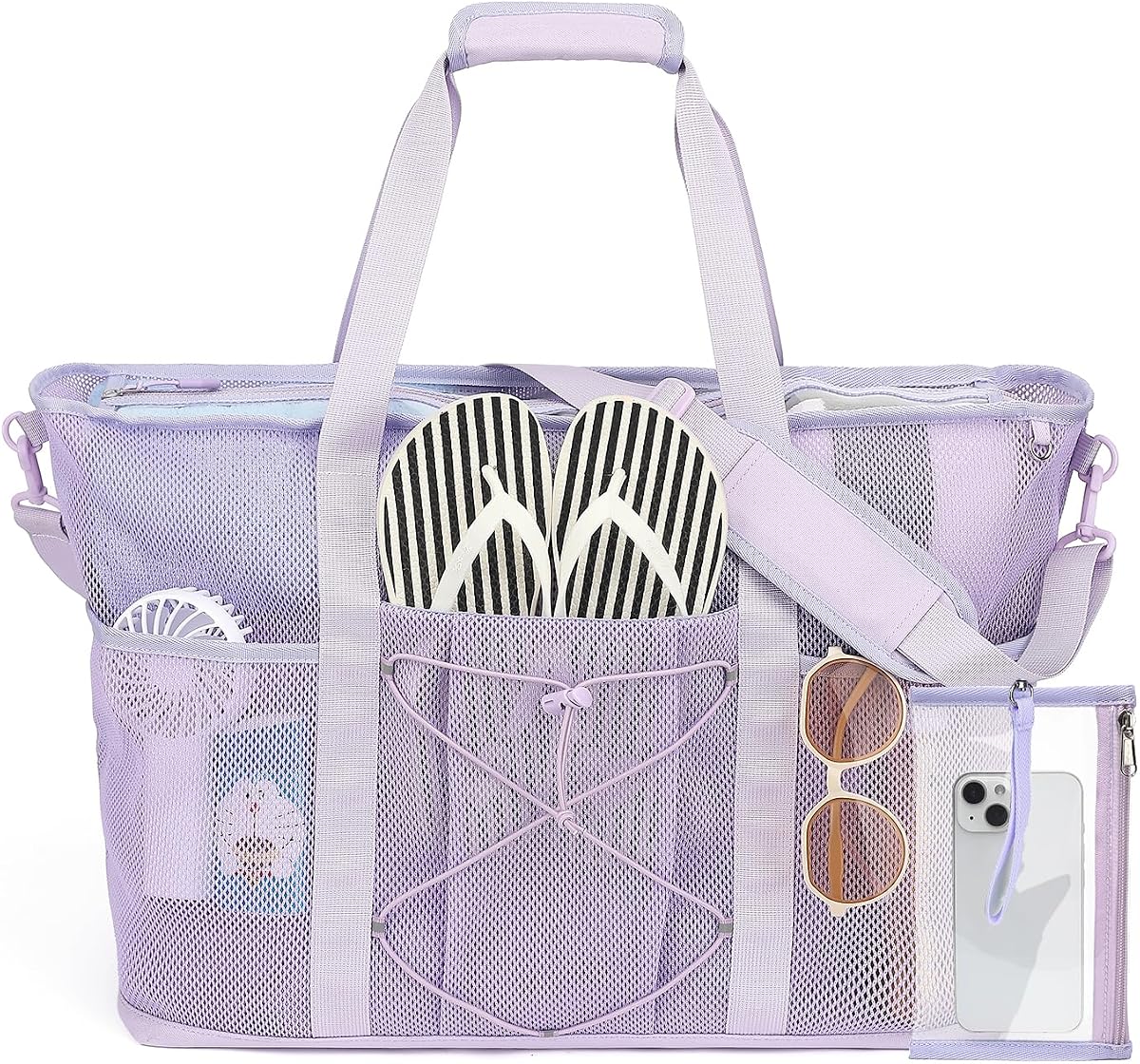 PIG PIG GIRL Mesh Beach Bag, Foldable Extra Large Beach Bags with Zipper Pool Bag with Portable Phone Pouch for Vacation Pool
