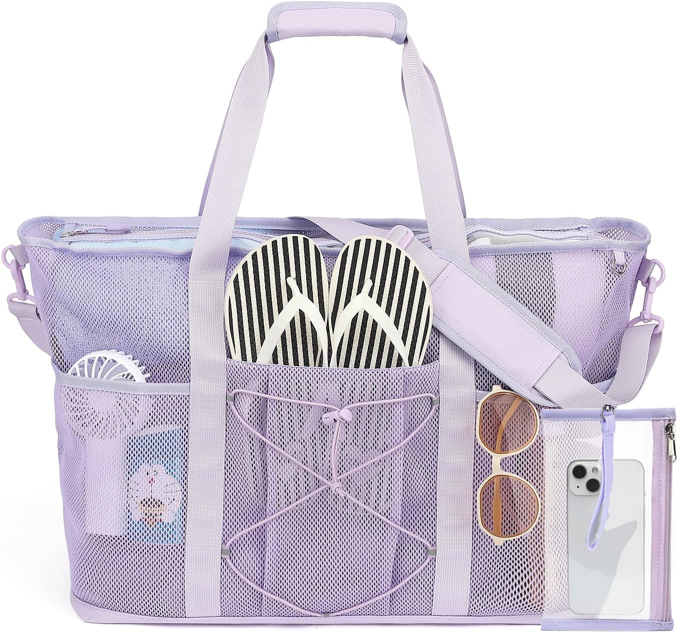 Mesh Beach Bag, Foldable Extra Large Beach Bags with Zipper Pool Bag with Portable Phone Pouch for Vacation Pool