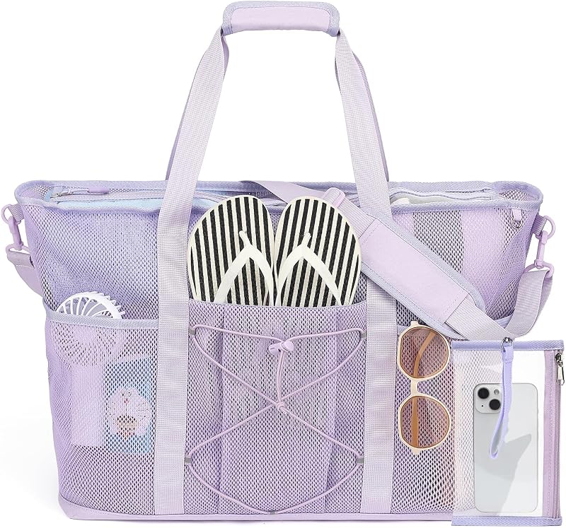PIG PIG GIRL Mesh Beach Bag, Foldable Extra Large Beach Bags with Zipper Pool Bag with Portable Phone Pouch for Vacation Pool