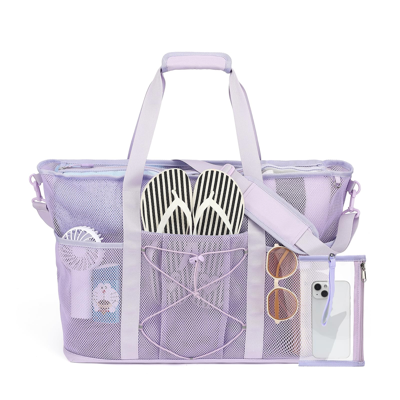 PIG PIG GIRL Mesh Beach Bag, Foldable Extra Large Beach Bags with Zipper Pool Bag with Portable Phone Pouch for Vacation Pool