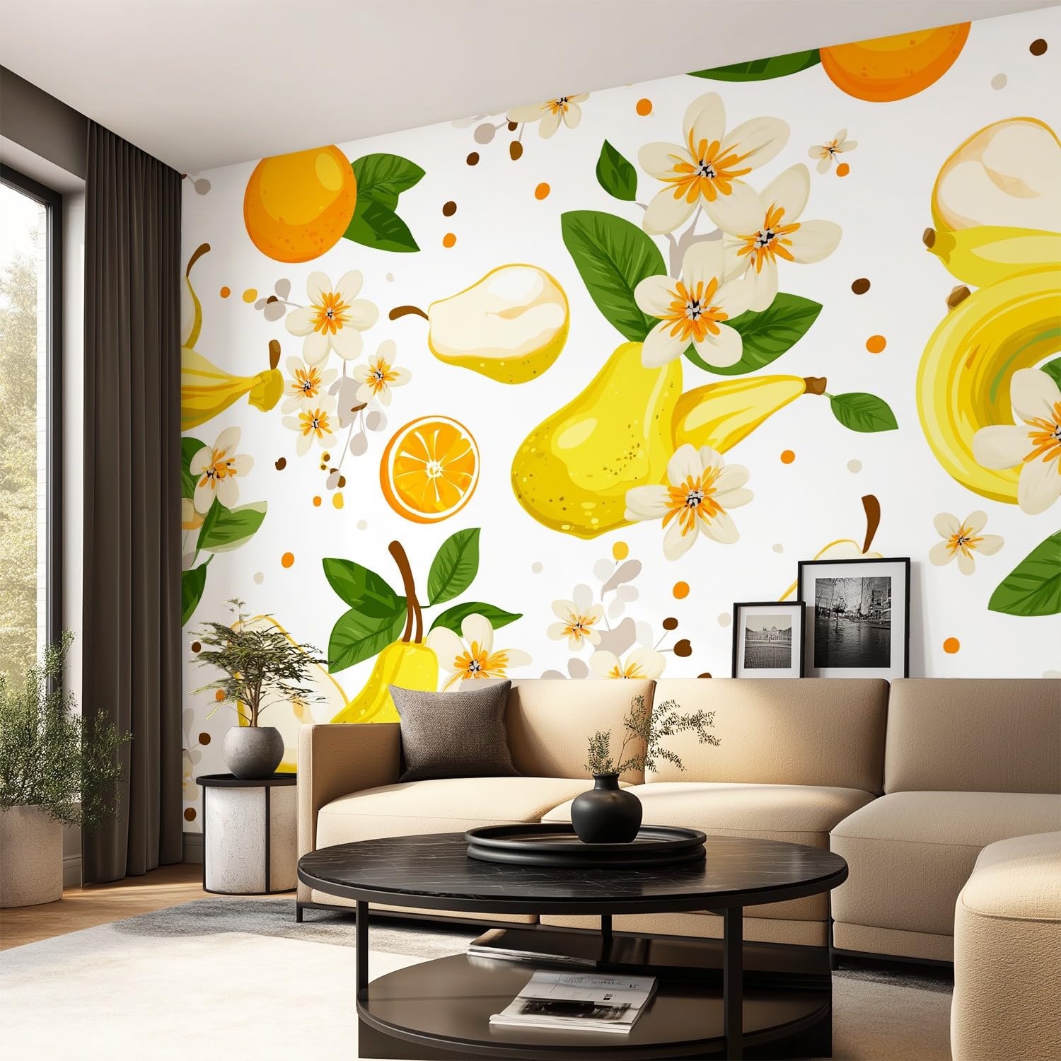 Generisch Tapete Nordisch, Frisch, Früchte - Gelbe Birne, Orange, Blumenmuster Muster- Vliestapete Wand Deko Mustertapete Modern Wandtapete Wanddeko - Motivtapeten - 300 x 210 cm
