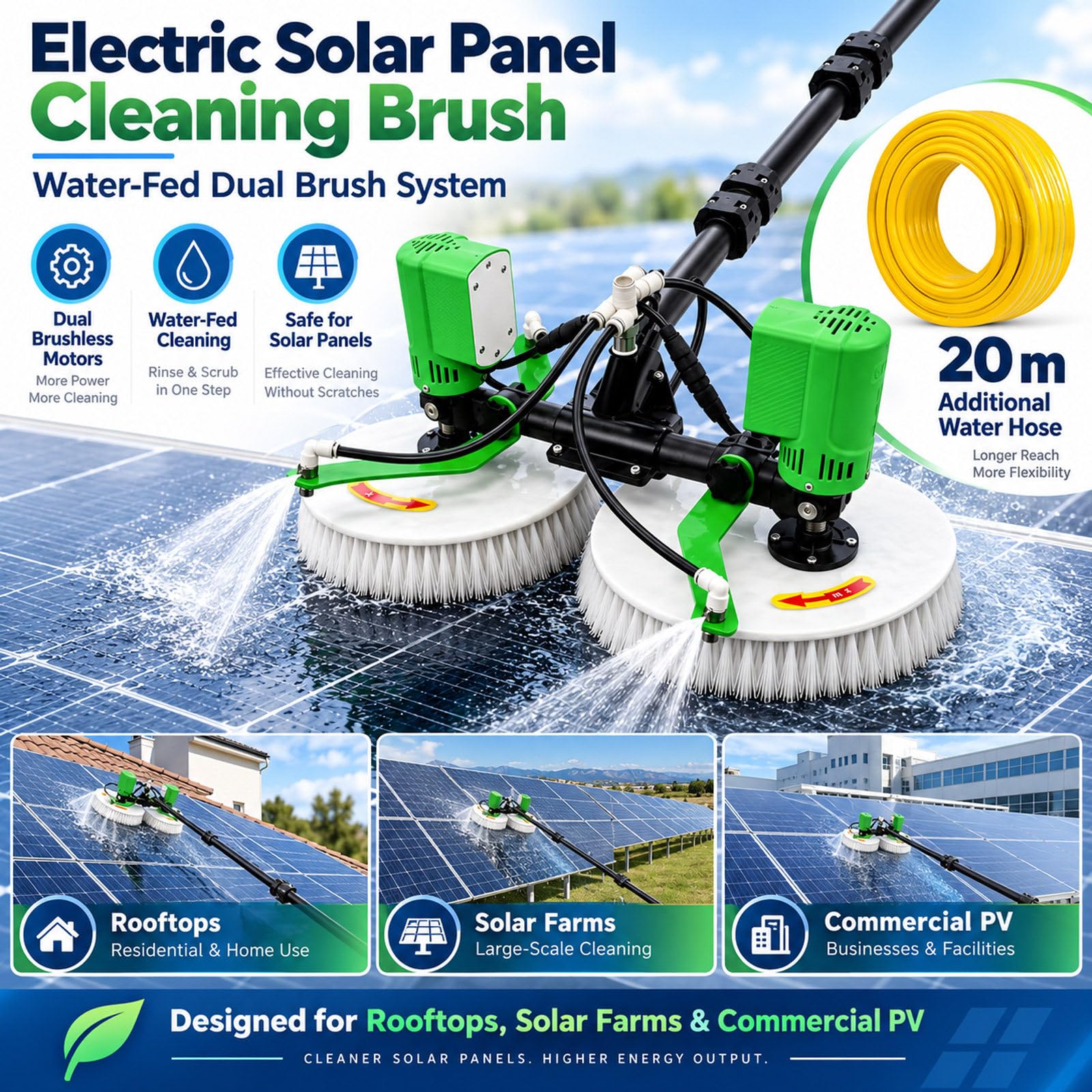 Solarpanel Reinigungsbürste, 2 Bürstenlose Motoren, 4 Wasserdüsen 7.5M