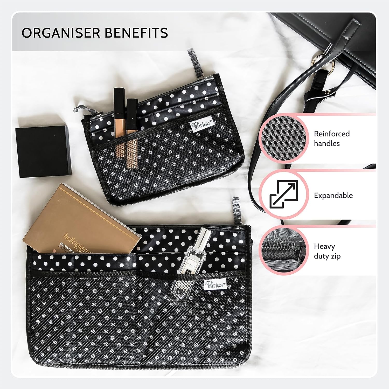 Periea Chelsy Purse Organizer Insert with Handles & 13 Pockets - 3 Sizes (Blue Floral, Small)