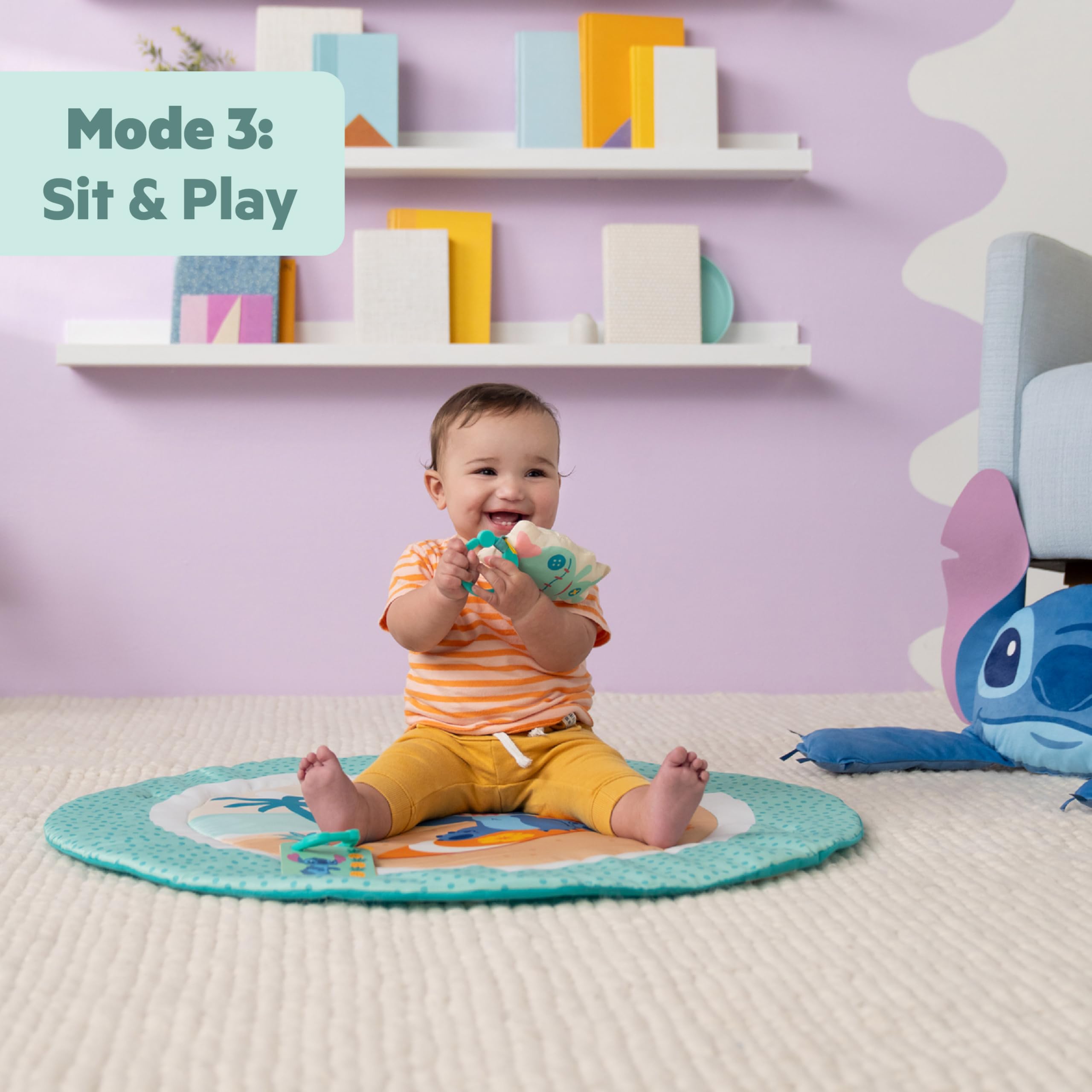 Bright Starts Disney Baby Stitch Party in Paradise - Palestrina multiattività con cuscino per tummy time e 5 giochi portatili, 0+ mesi