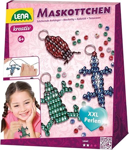 Lena 42131 Bastelset Maskottchen Komplettset Mit 290 Metallicfarbenen Fadelperlen Schwarzem Kordelband 4 Schlusselringe Und Anleitung Set Zum Basteln Von 4 Glucksbringer Fur Kinder Ab 6 Jahre Amazon De Spielzeug