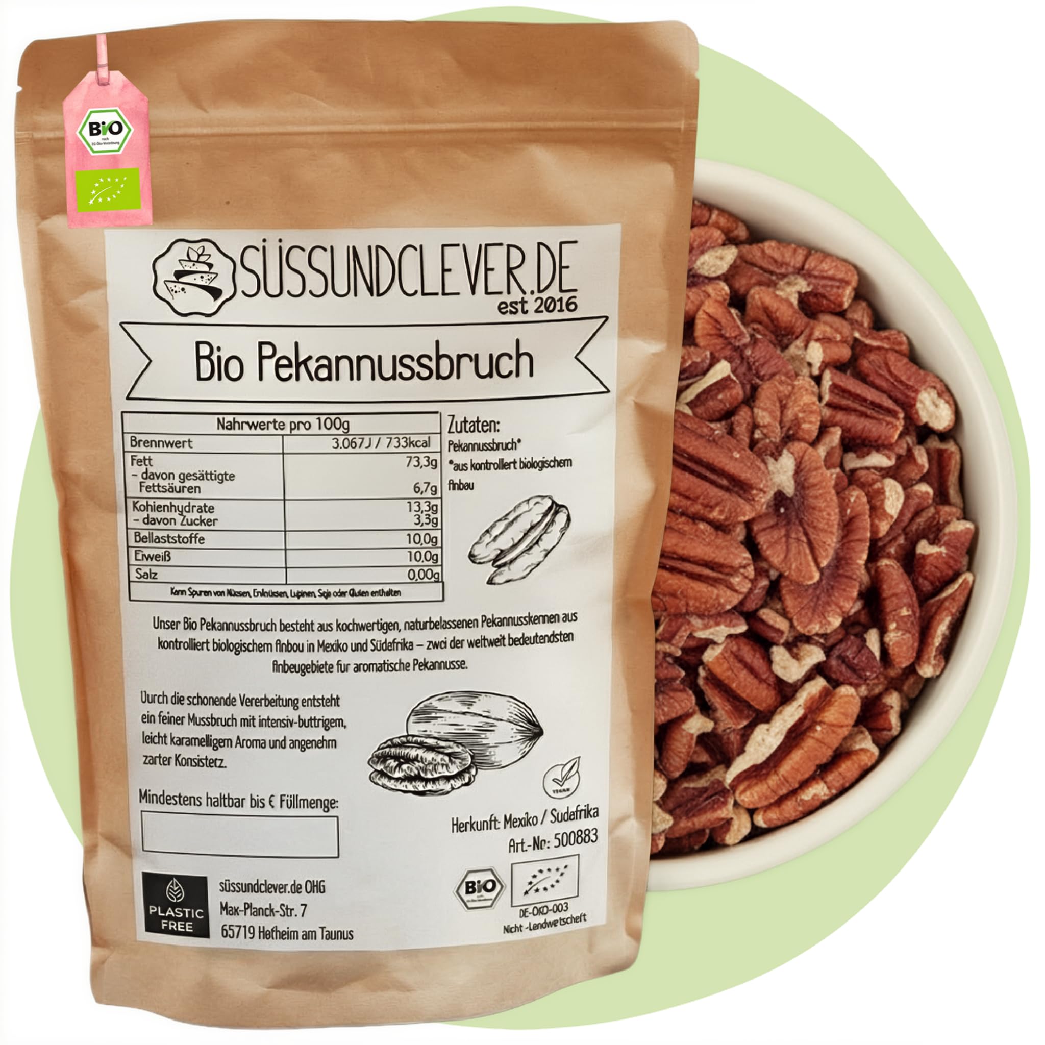 süssundclever.de® Bio Pekannusskerne | 1,0 kg | Pekannussbruch | Pekannussstücke | Pekannus | ökologisch-nachhaltig abgepackt