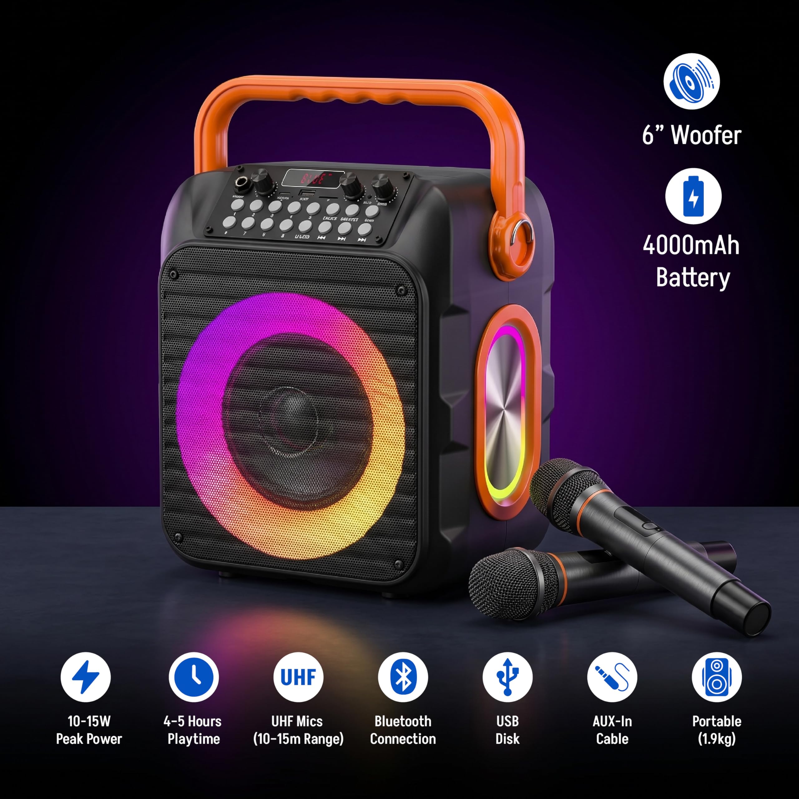Karaoke-Maschine mit 2 wiederaufladbaren drahtlosen Mikrofonen, 30W Bluetooth 5.3 Lautsprecher, PA-System mit Bass/Treble/Echo, unterstützt USB/TF/AUX/TWS für Home Party