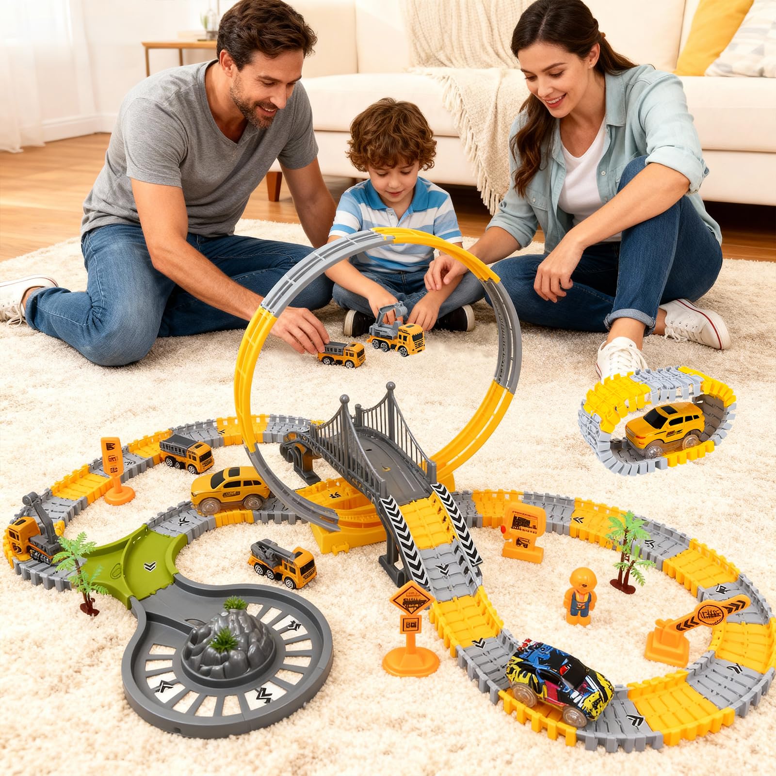 PATEMZON Circuit Voiture Enfant, Piste de Course de Construction, avec Voitures Electriques, Ensemble de Circuit Flexible, Ingénierie Jouets, Educatif Cadeau pour 3 4 5 6 Ans Garçons Filles