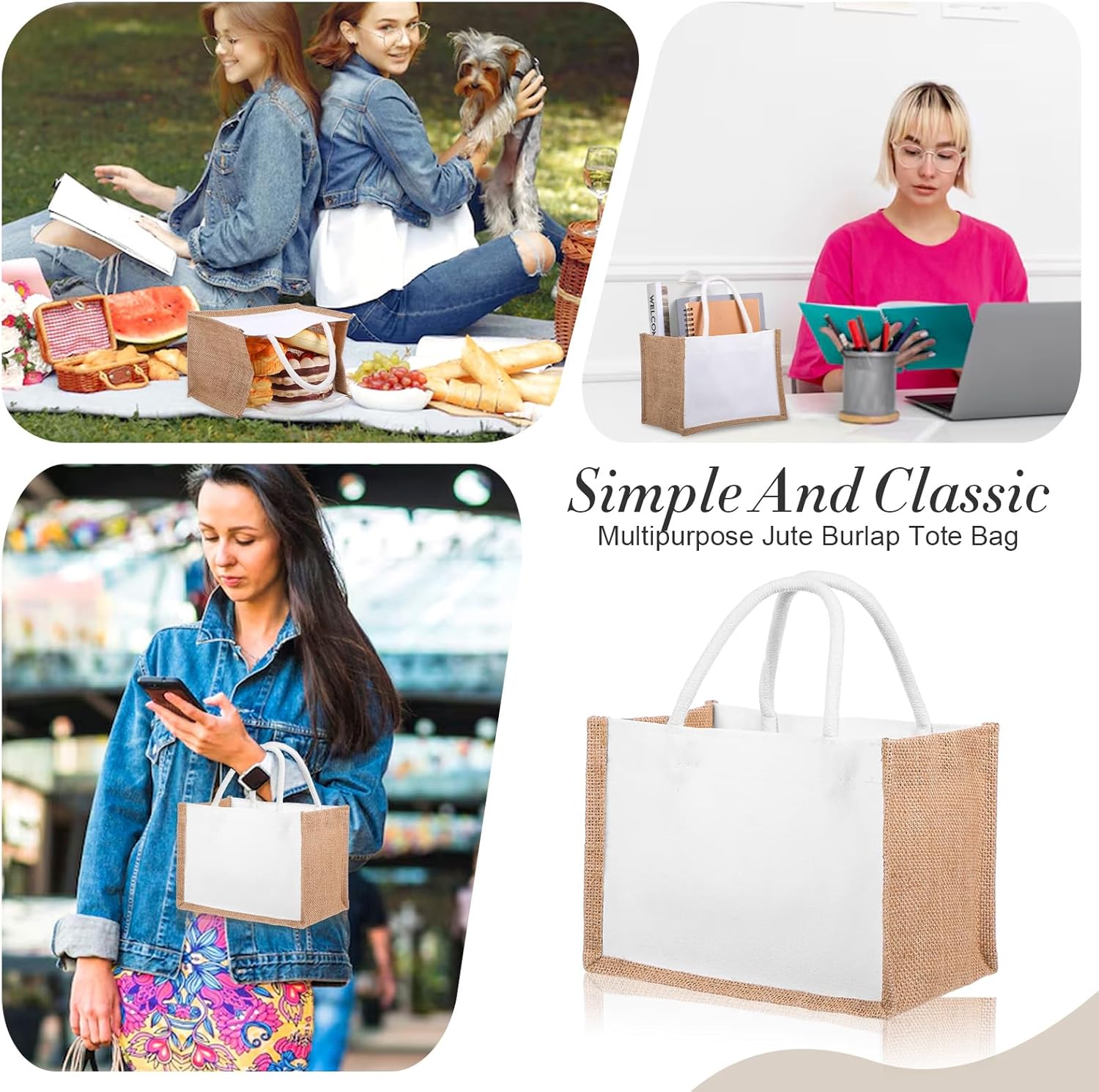 12 Pieces Jute Tote Bags Burlap Tote Beach Bags with Handles Reusable Waterproof Totes Shopping Bag Blank DIY Canvas Gift Bag - Image 6