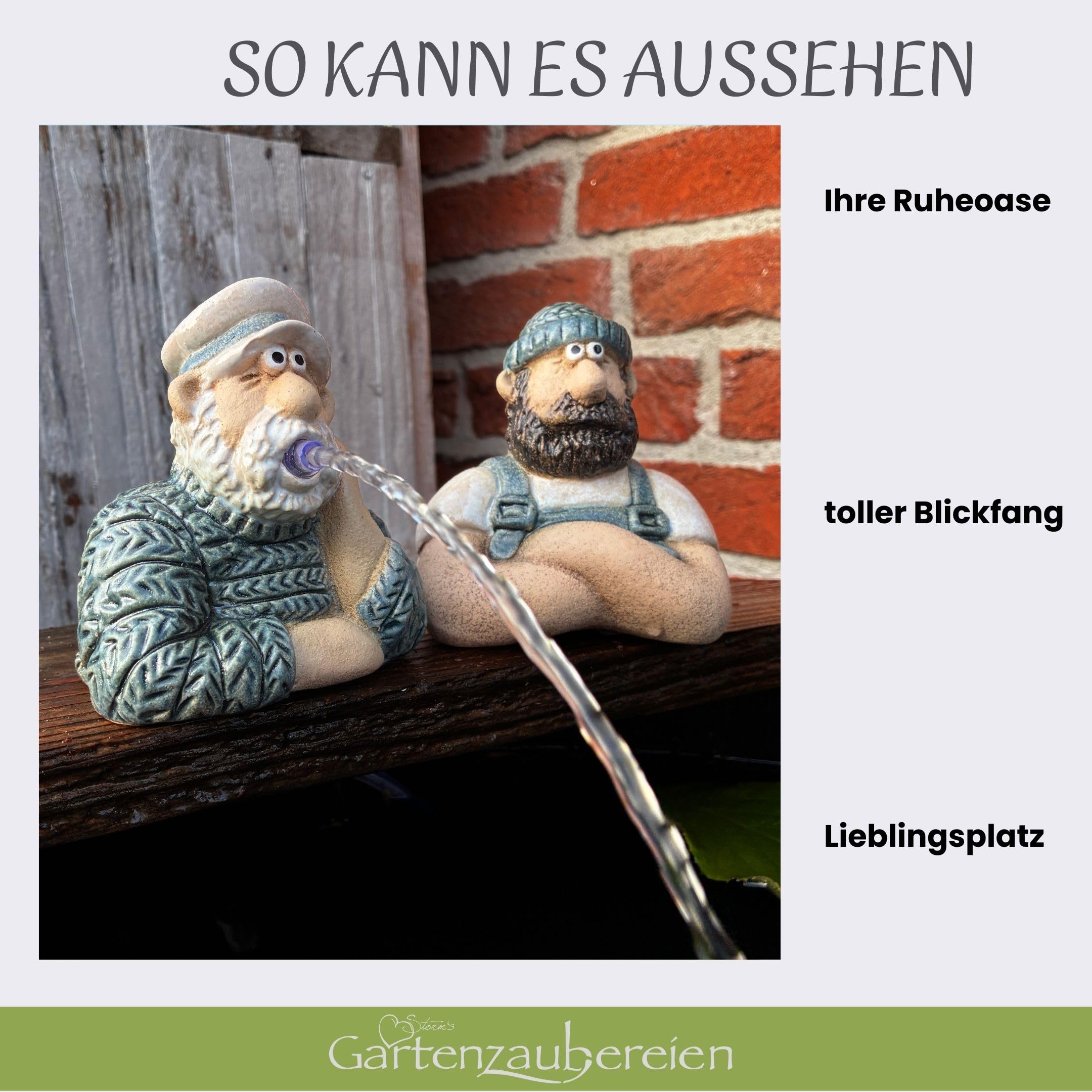 Storm's Gartenzaubereien Wasserspeier Seemann Set aus Keramik - 2er Set Matrosen Figuren in Strick-Optik - Maritimes Wasserspiel für Miniteich Garten/Balkon - Energieeffizient mit 1.8m Kabel